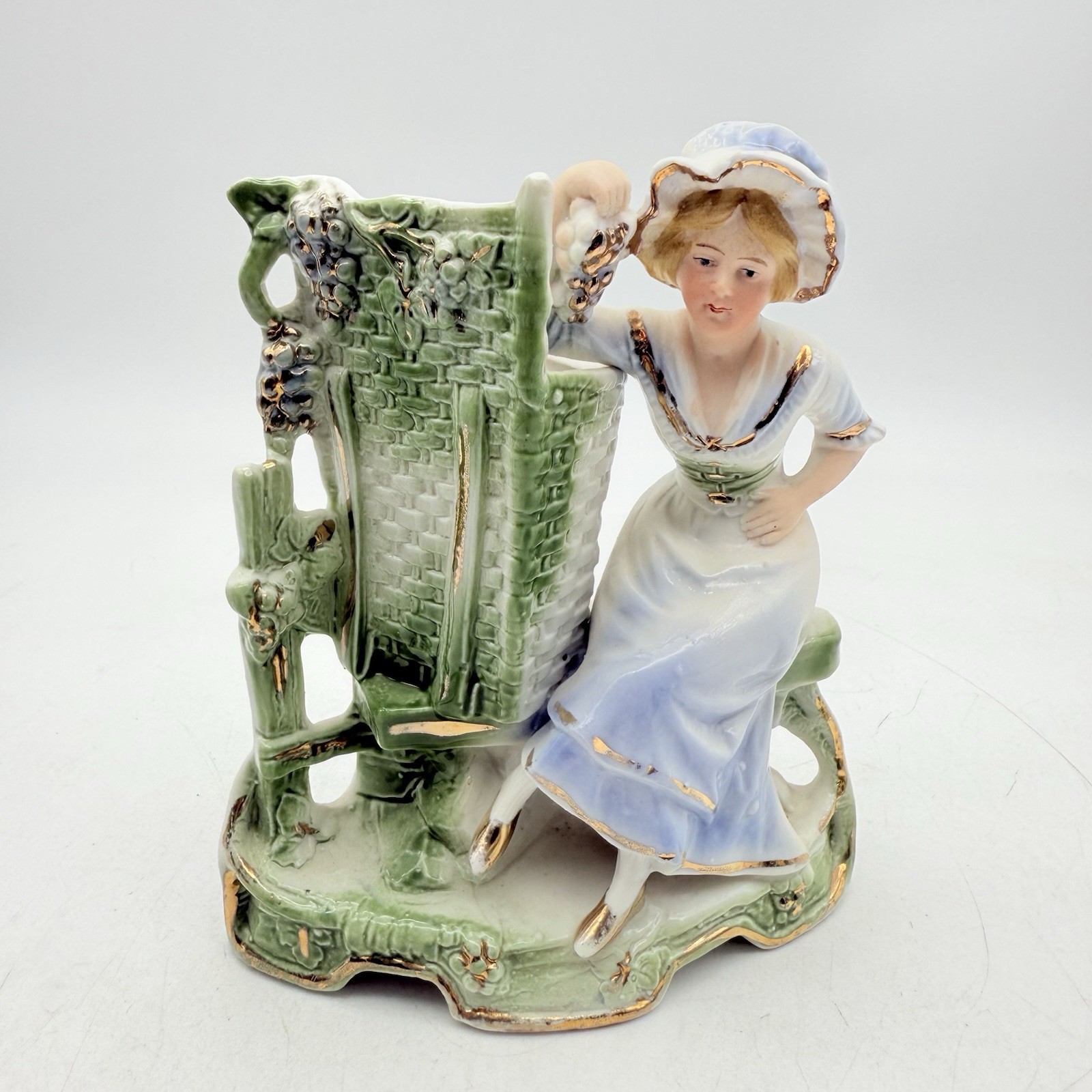 Vintage Flower Vase Hand Painted Victorian Woman In Blue Dress