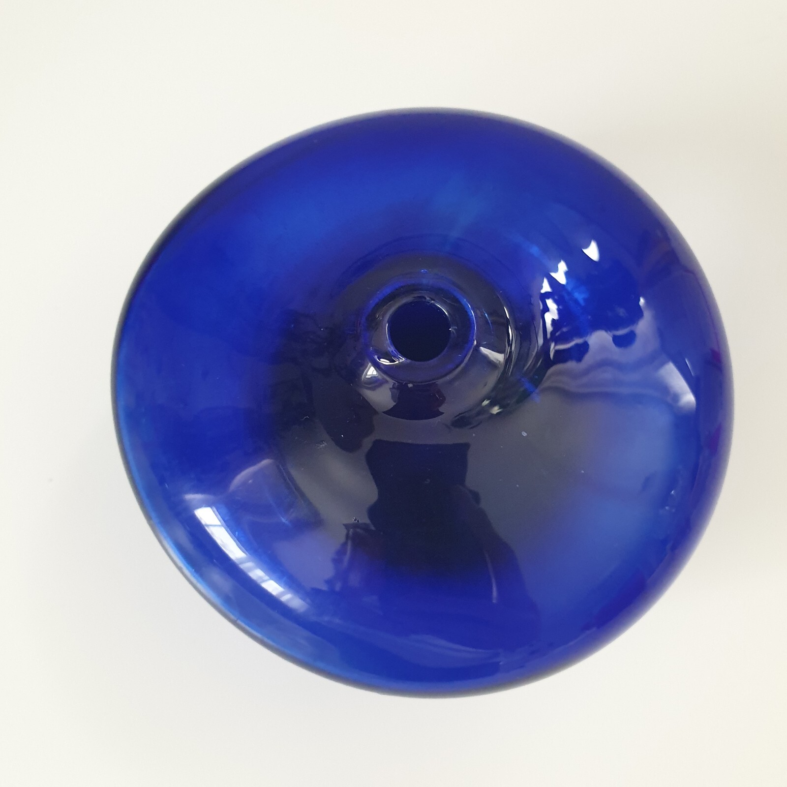 Anton Intaglio Cobalt Blue Glass Oil Lamp Vase Round Blown Glass Signed 4″ MCM