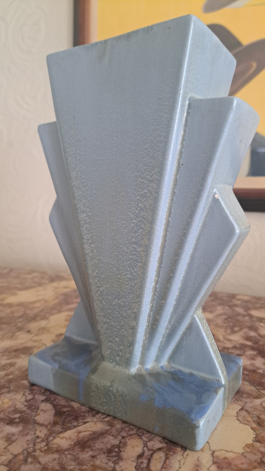 Transitional Art Deco Skyscraper/Fan Matte Blue Vase vtg 1930s