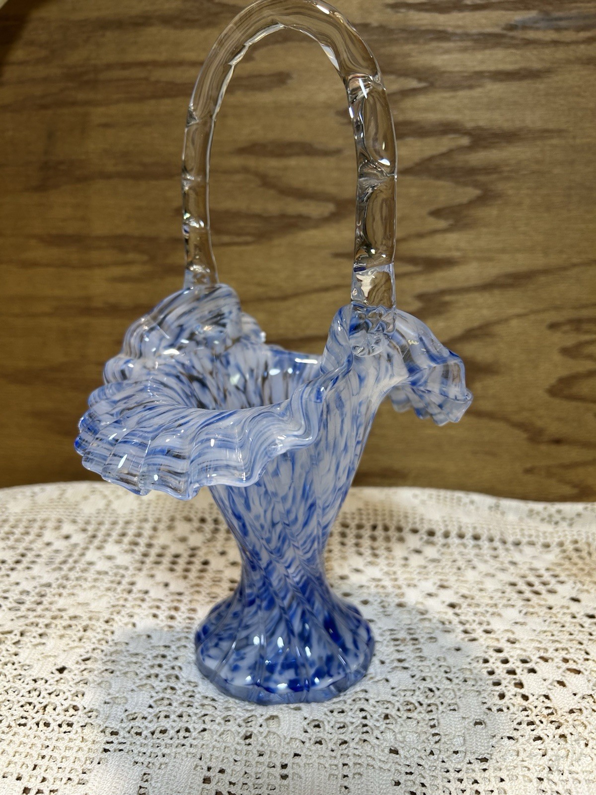 Rare 1965 Fenton Vasa Murrhina Art Glass Blue Mist Basket