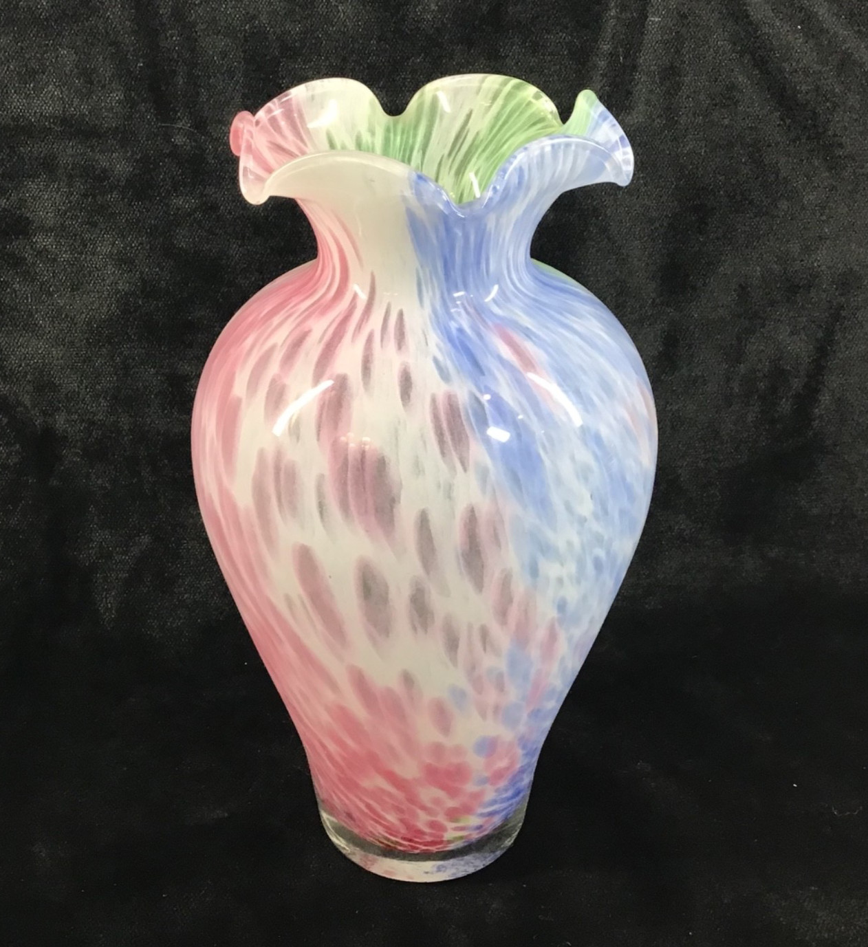 Vtg MURANO 8” Vase Pink Blue Green Speckled Swirl w/Ruffle Edge Made in Italy