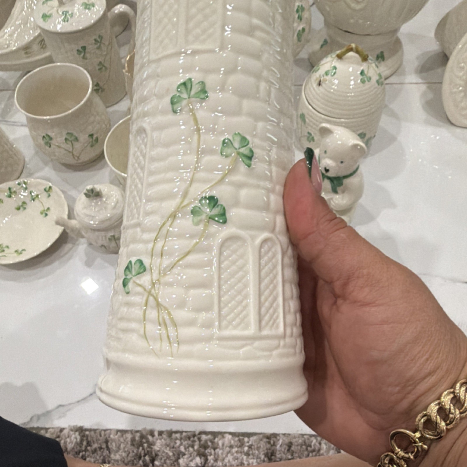 Belleek Ireland Shamrock Ceramic Vase White Green Glossy Finish Irish 1973 26 pi
