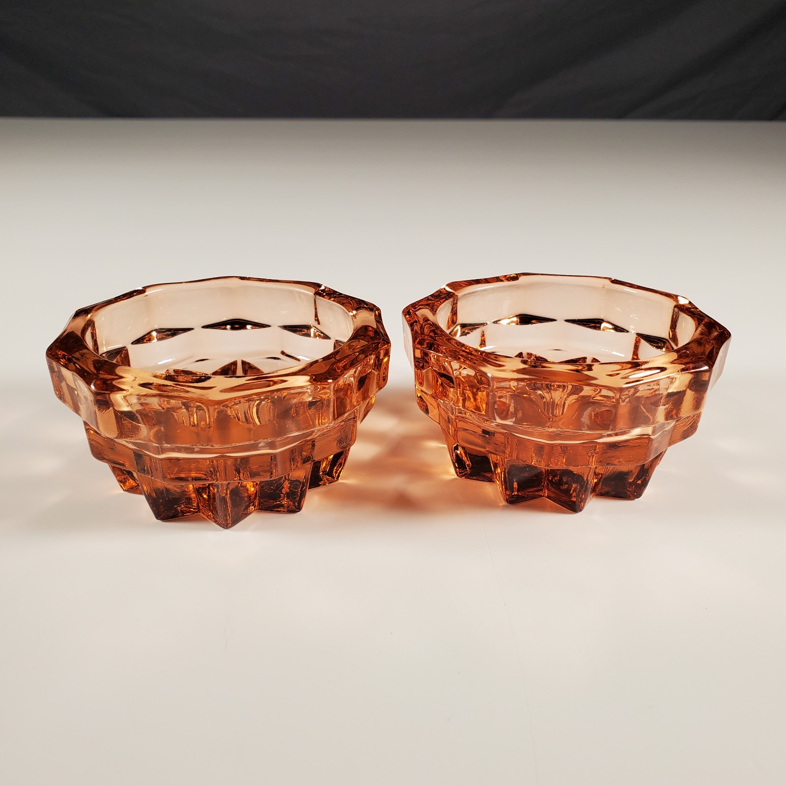 Vintage Indiana Glass Whitehall Peach Colony Cubist Taper Candle Holder Pair