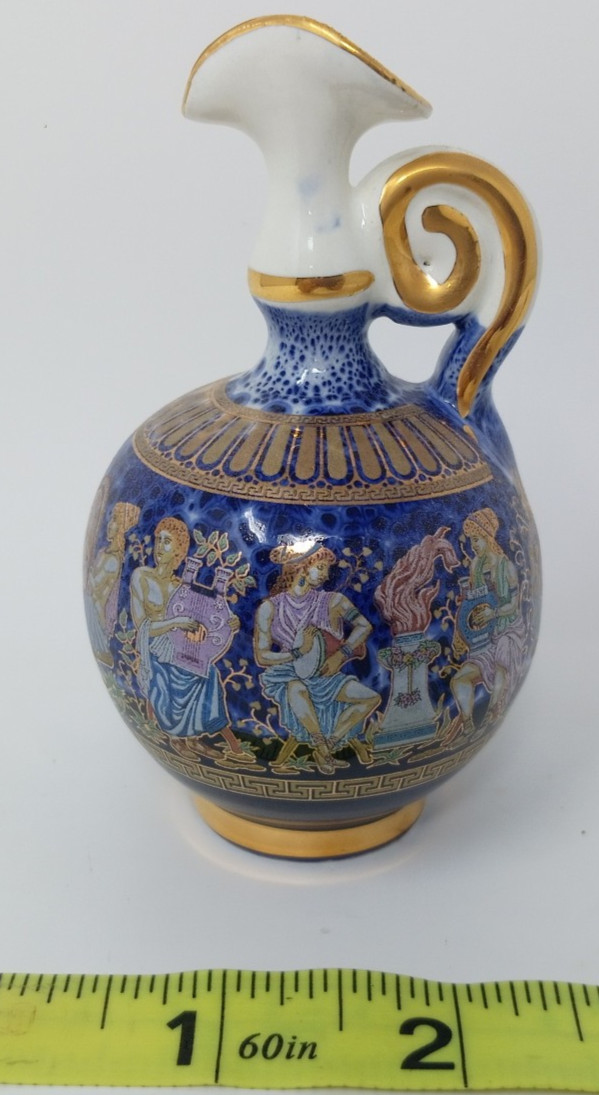 A. Roussi White and Blue Ceramic Vase Urn w/ 24k Gold Leaf Hand-Made In Greece