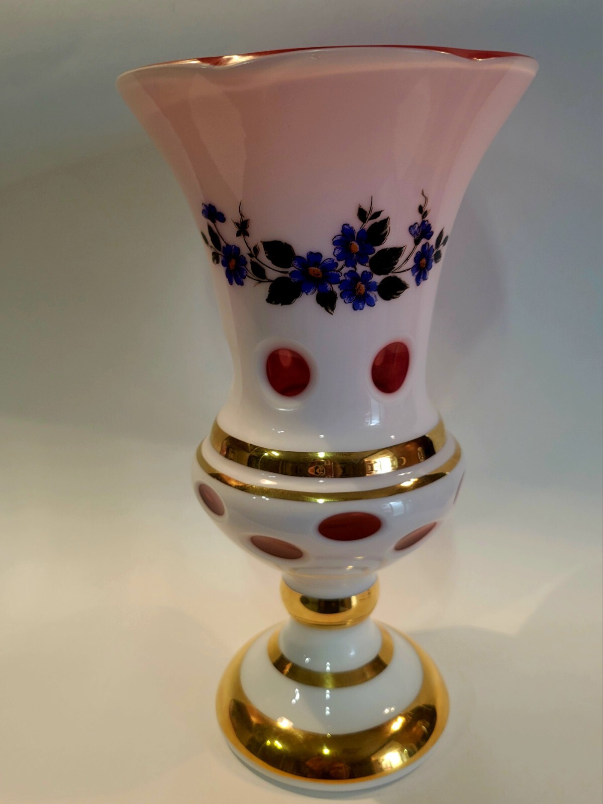 Bohemian PINK WHITE CASED GLASS Cut To clear VASE HOLLYWOOD REGENCY