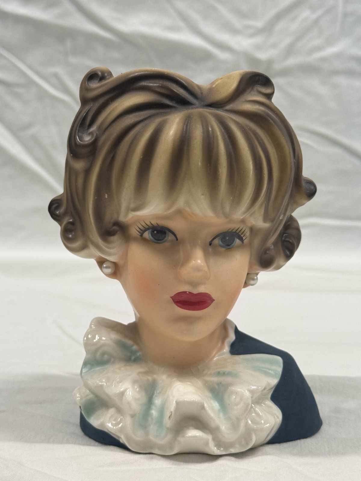 Vintage Relpo Lady Head Vase, Brunette Curly Hair, Pearl Earrings Ruffled Collar