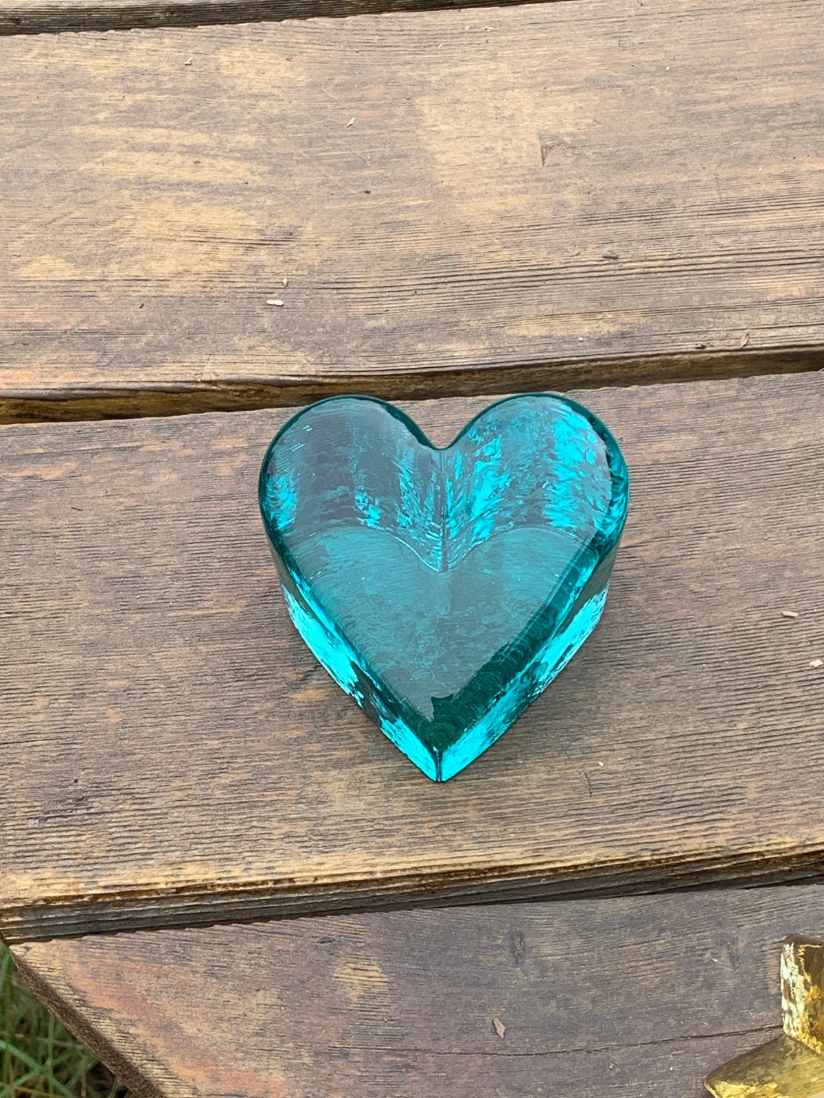FIRE AND LIGHT Aqua Heart Paperweight Recycled Glass Art
