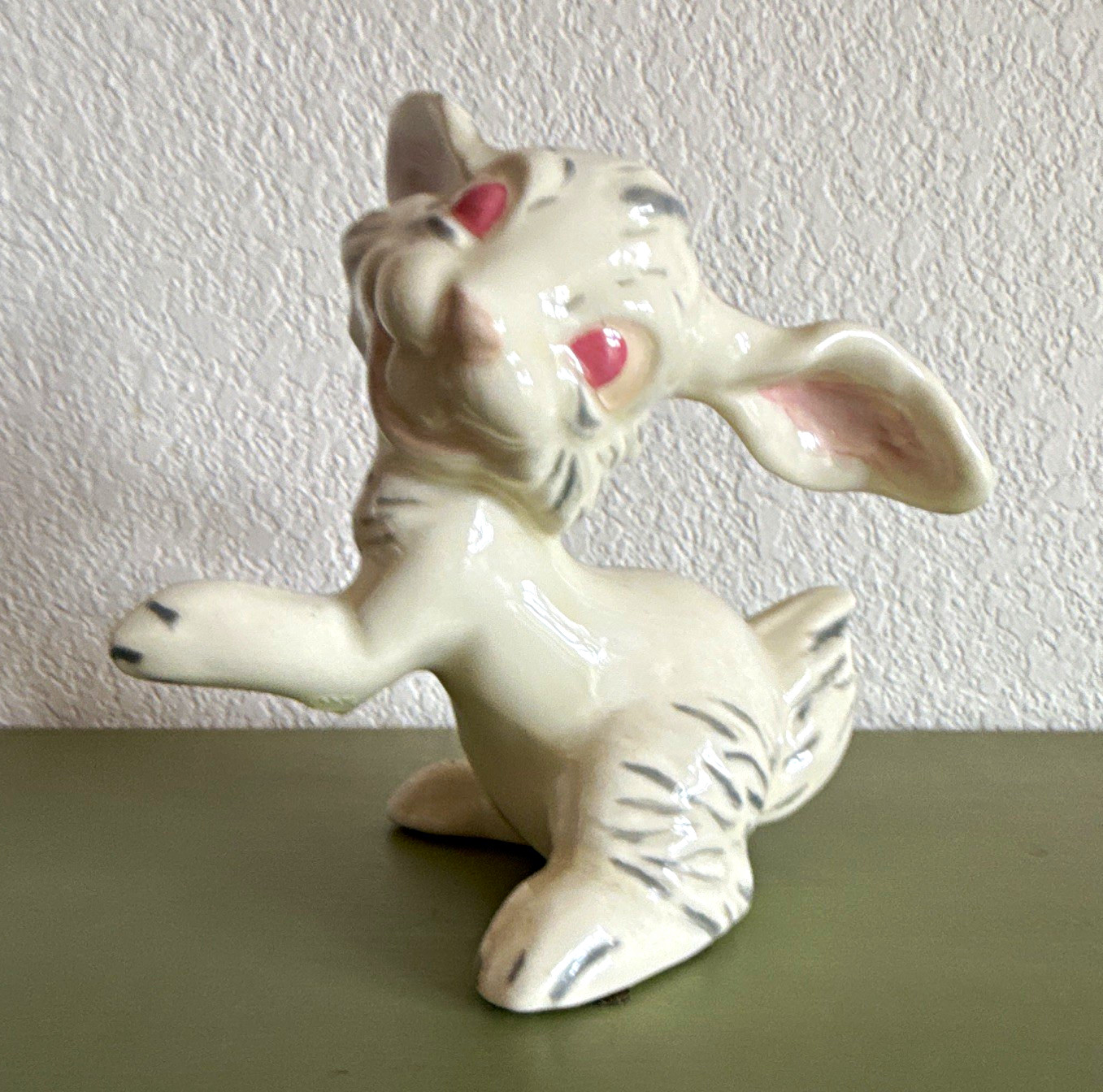 White Ceramic Rabbit Figurine Pink Eyes Gray Accents Glossy Finish