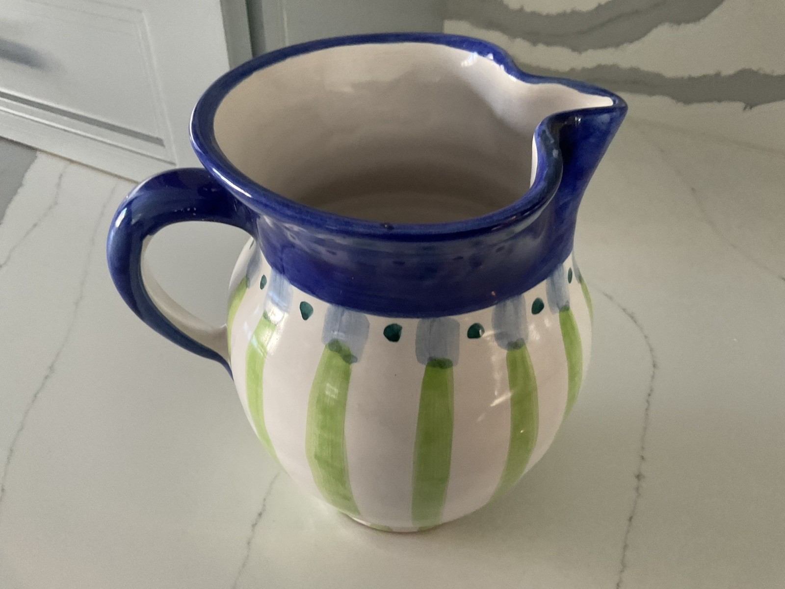 Italian Pottery Pitcher Blue Green Striped Country Fair Made In Italy