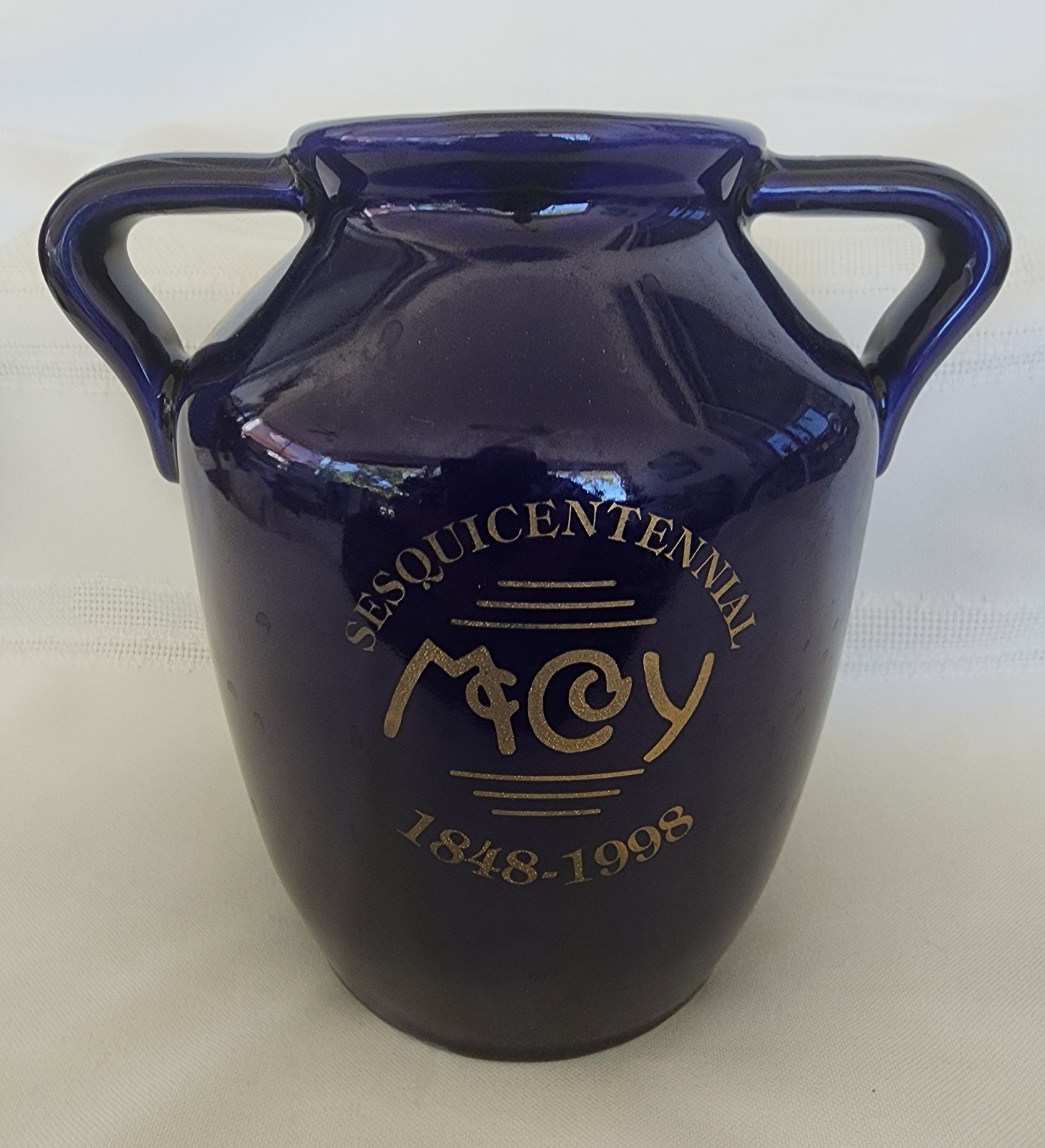McCoy Pottery Signed 150 Year Anniversary Cobalt & Gold Handled Oil Jar or Vase