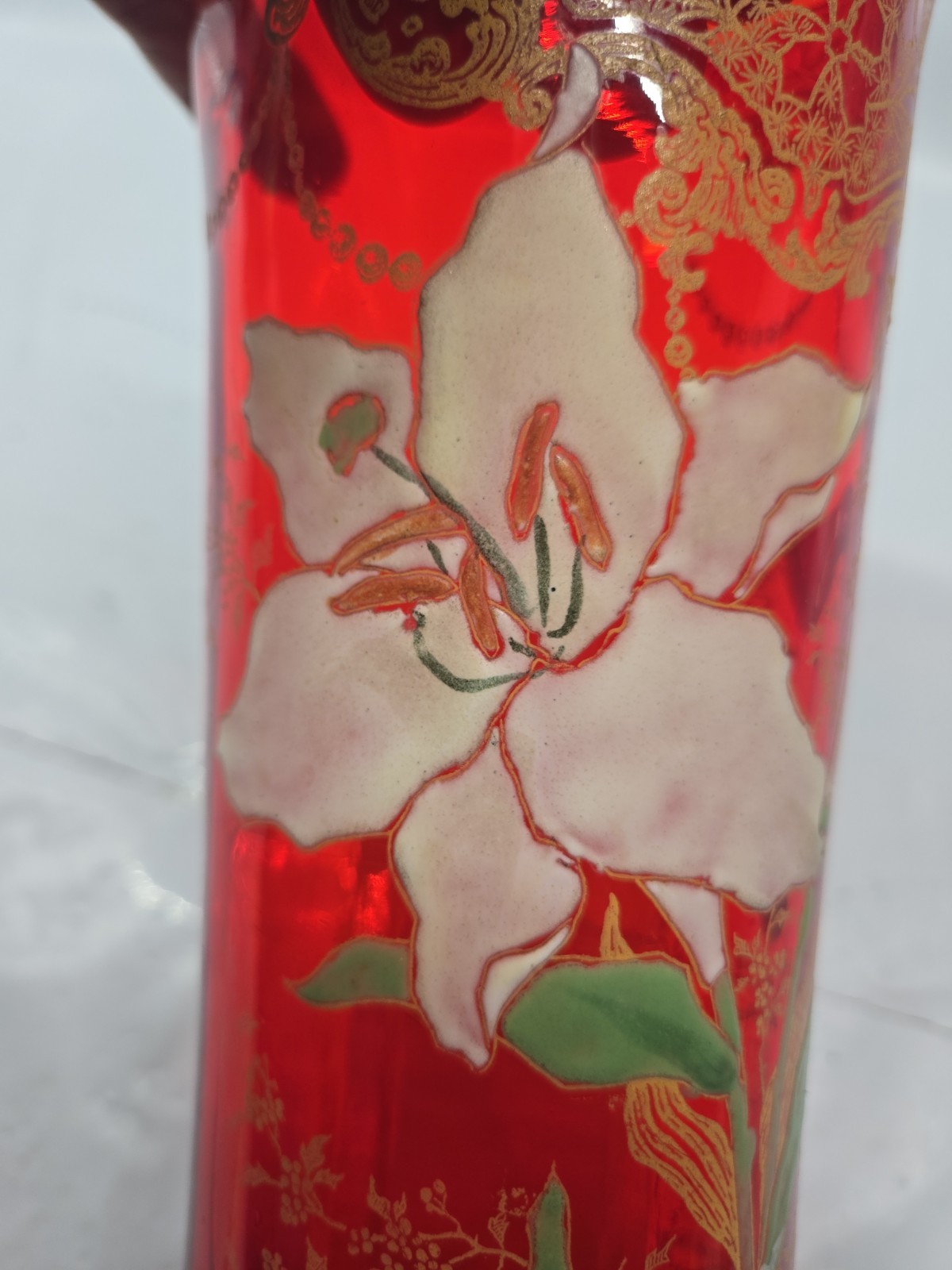 Antique Mont Joye Legras Art Glass Vase Easter LILY Heavy Hand Painted Enamel