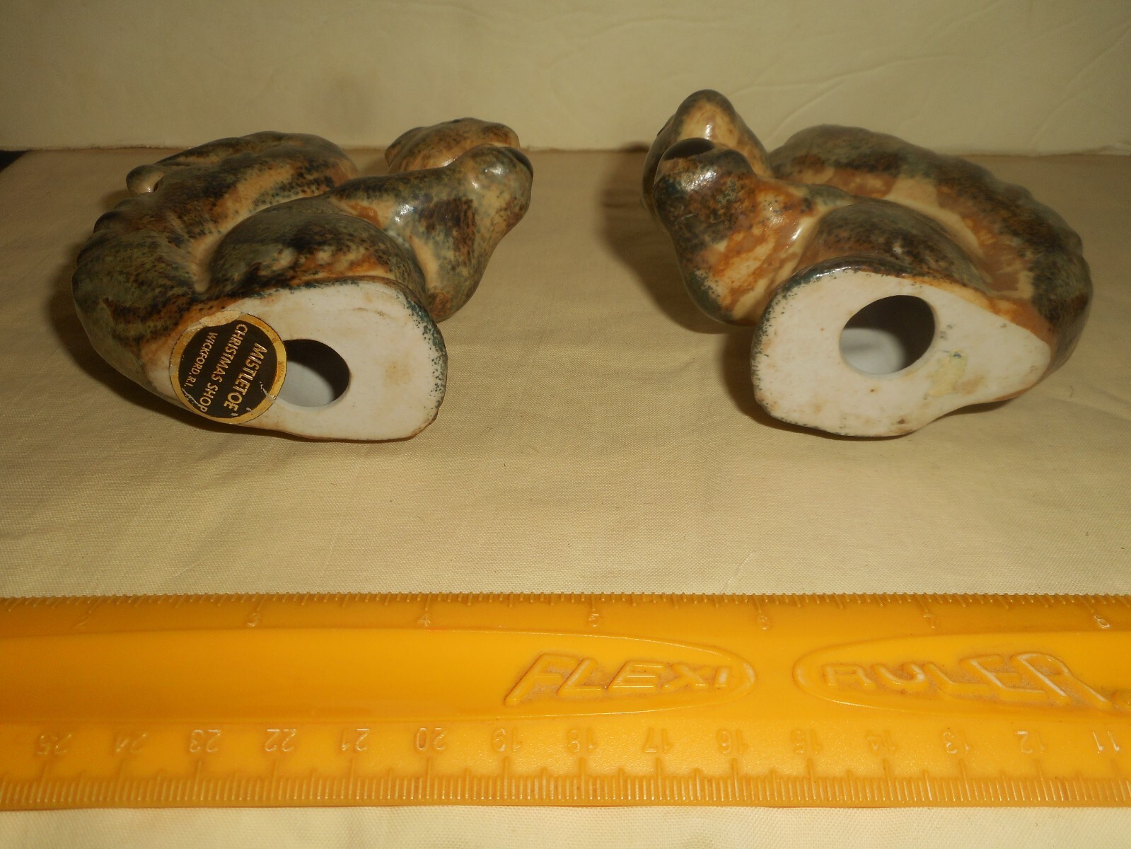 Vintage Pottery SQUIRREL Figurines 2 MISTLETOE Christmas Shop Wickford RI Labels