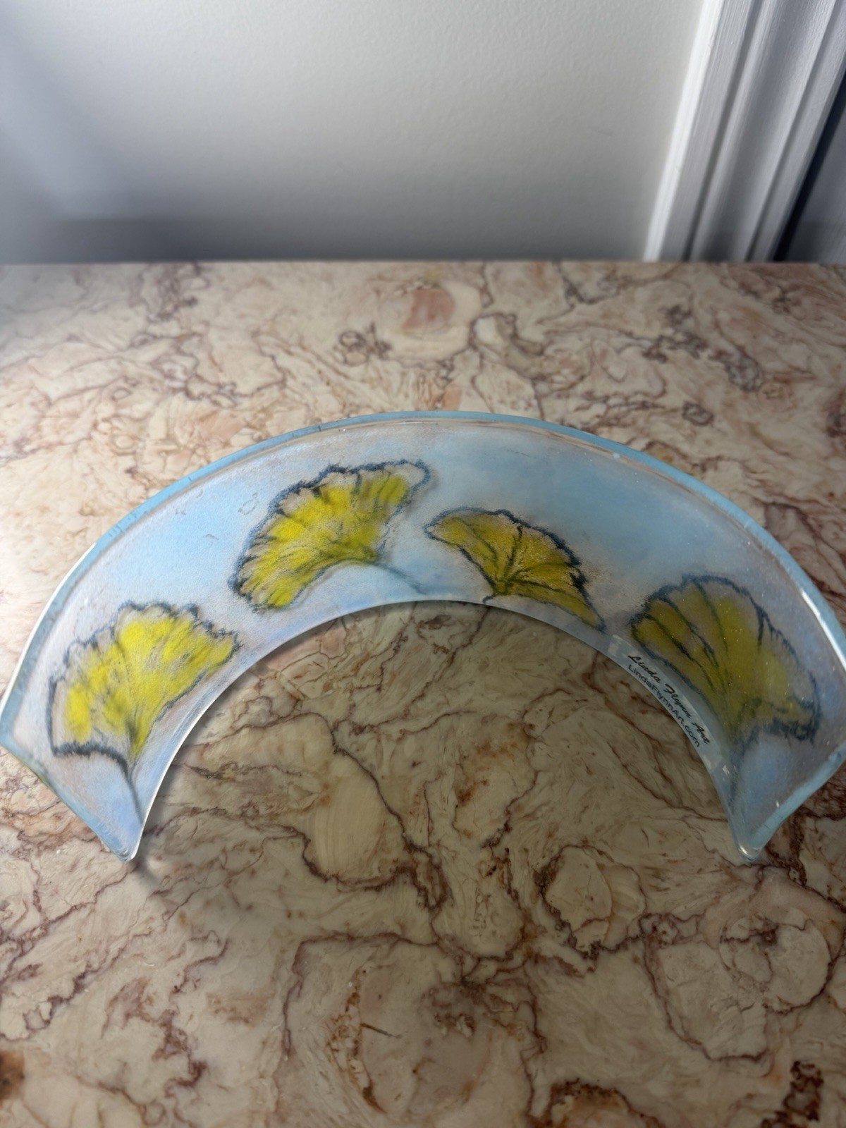 Linda Flynn Ginko Leaves Curved Panel Fused Glass 3 1/2 x 10
