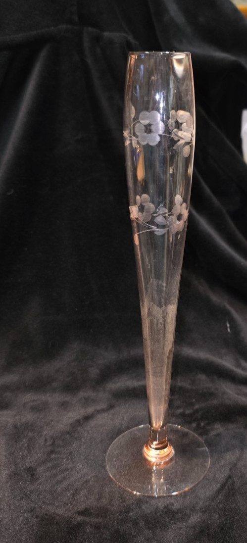 Etched Glass Tall Stemmed Vase or Champagne Flute Amber Stem Floral 10” Vintage