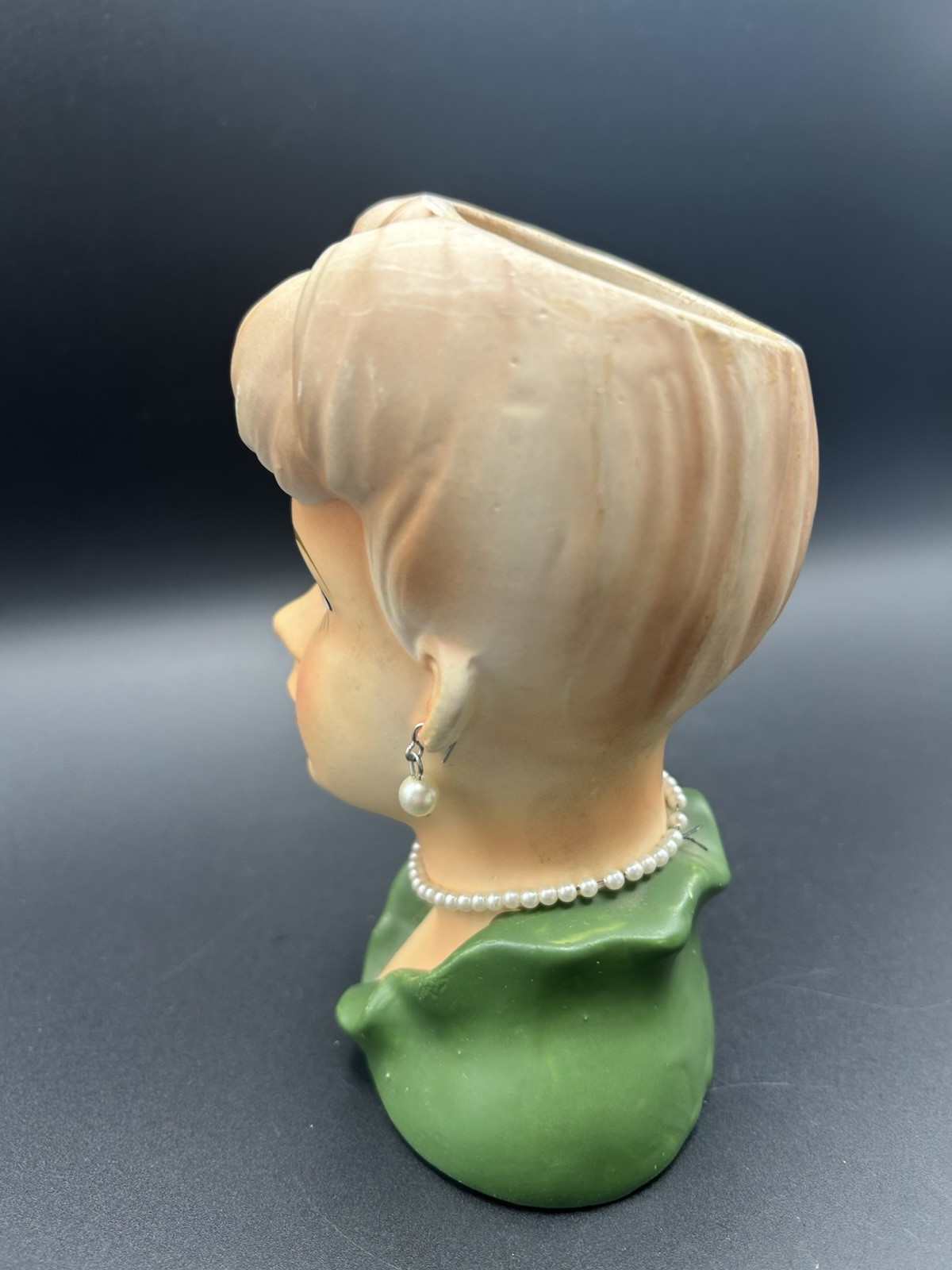 Rubens 4129 Lady Head Vase Teen Girl Blond, Green Top Pearl Earrings & Necklace