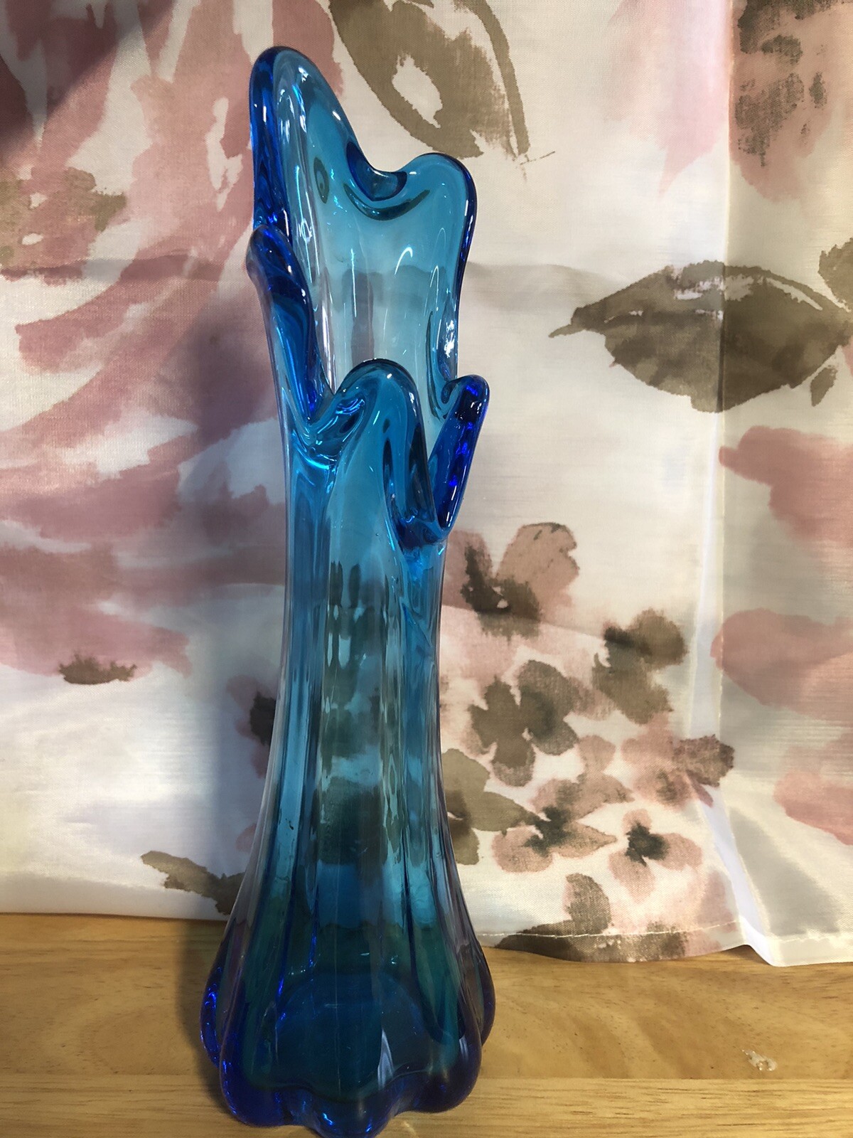LE Smith 10” Small Swung Five Finger Vase Ribbed Blue Hand Blown Art Glass