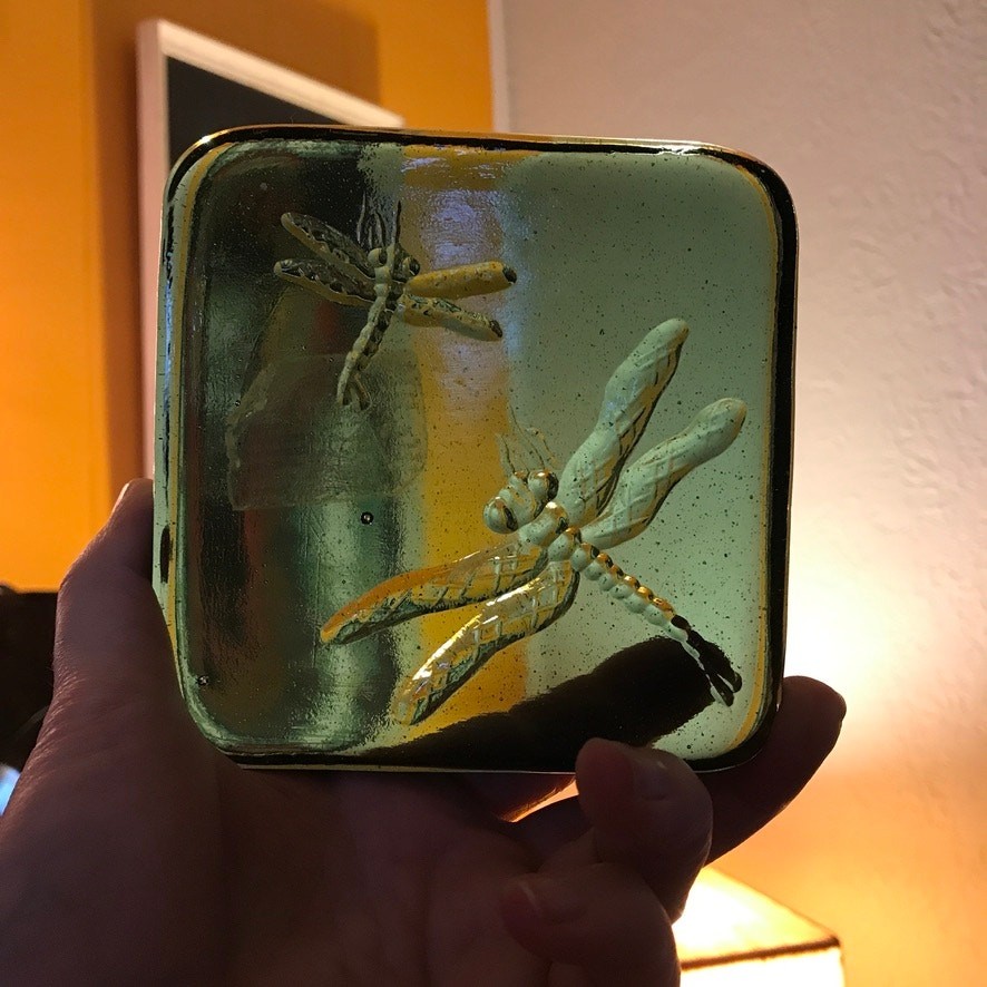 Green glass dragonfly candle holder / paperweight / tile 5.5″ square