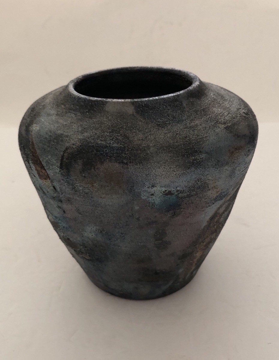 Stunning RAKU VASE Studio Art Pottery Signed Metallic Iridescent Vessel 5.5×5.5