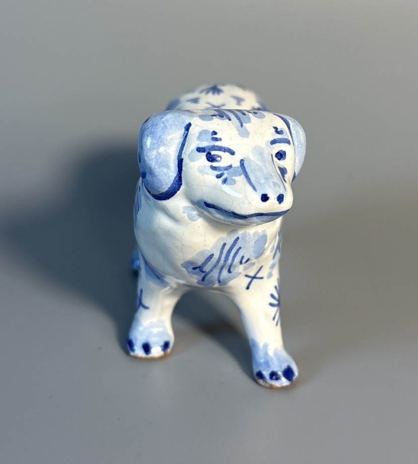 19th Century Delft Pottery Dog Figurine – Netherlands – Blue Floral Design