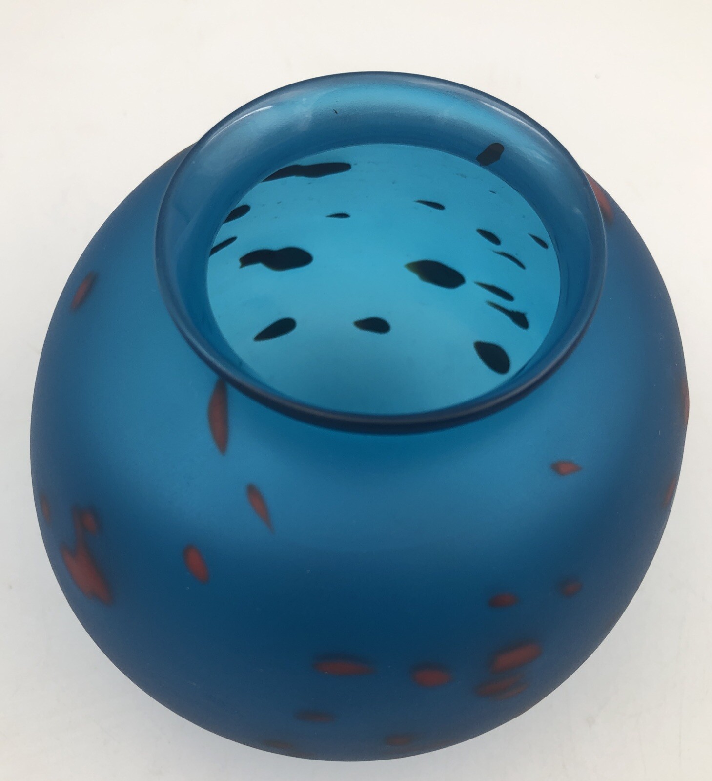 Satin Hand Blown Art Glass Cobalt Blue-Red Round Spherical Orb Vase 5”