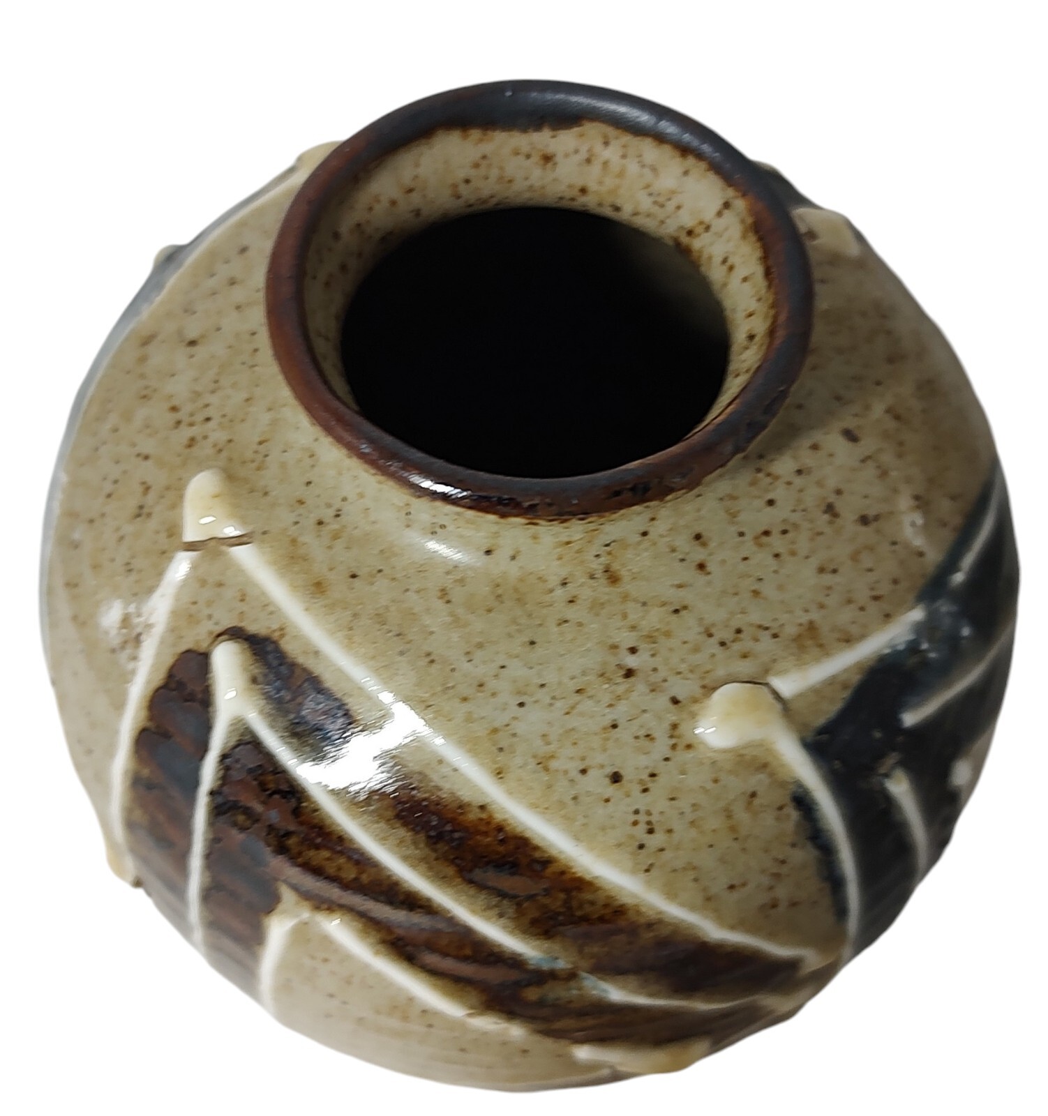 Japan Pottery Glazed Vase Brown Cream Blue Ribbed Textured Paint Five Inches