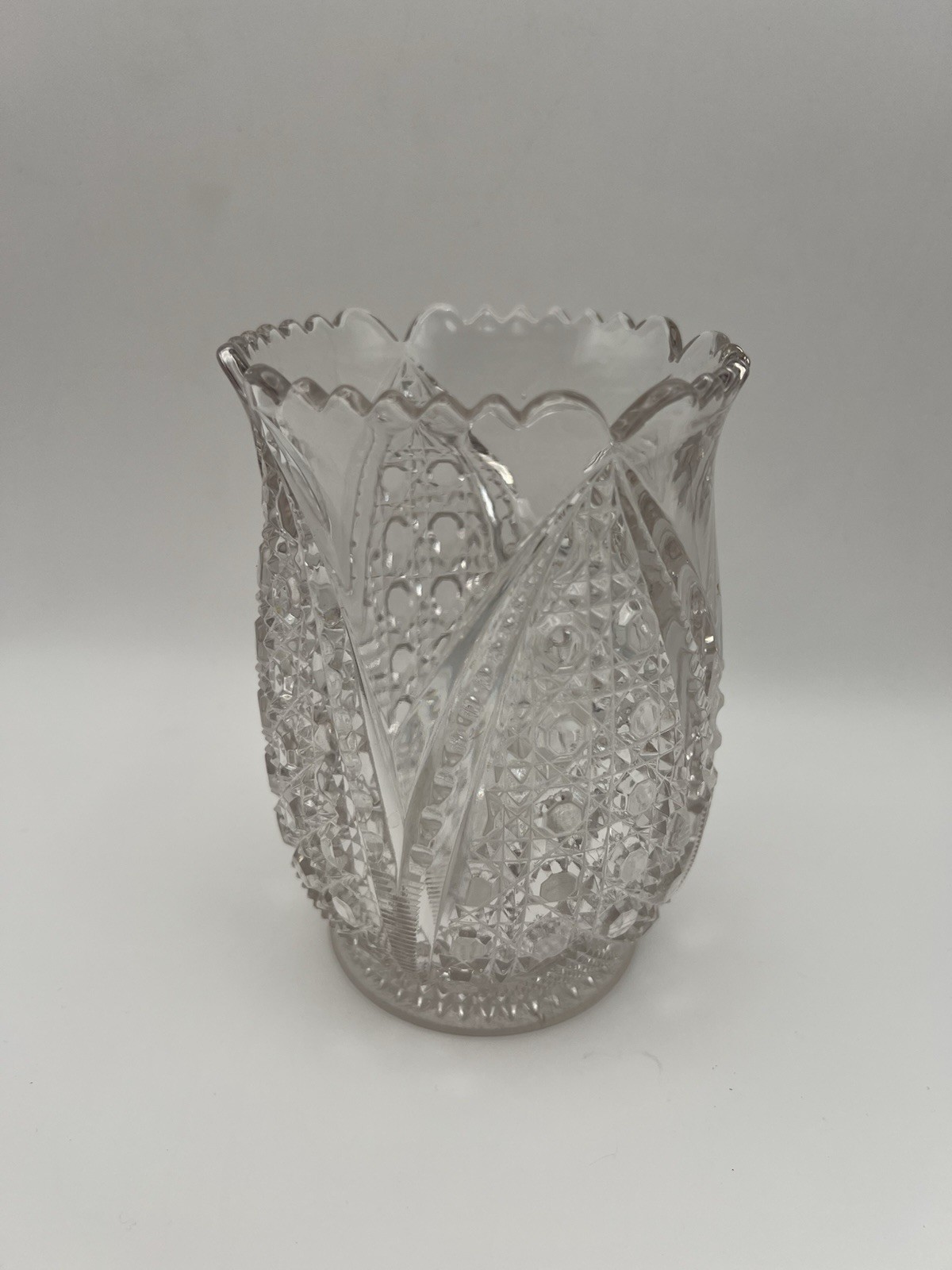 Vintage Cut Glass Crystal Hurricane Candle Holder Vase Scalloped Rim