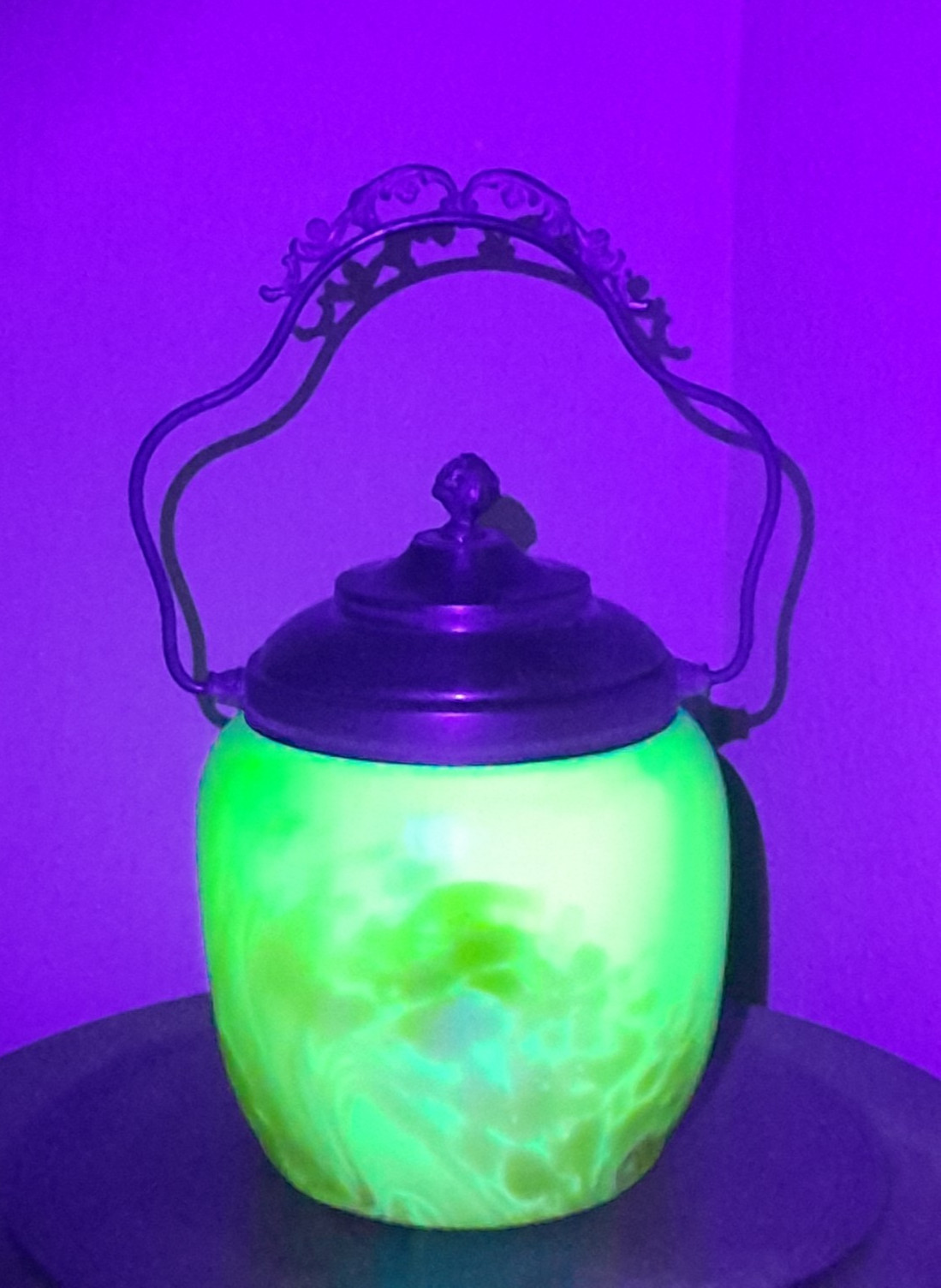 RARE Atq. Bohemian Uranium Vaseline Glass Biscuit Jar Pallme Konig Loetz Era