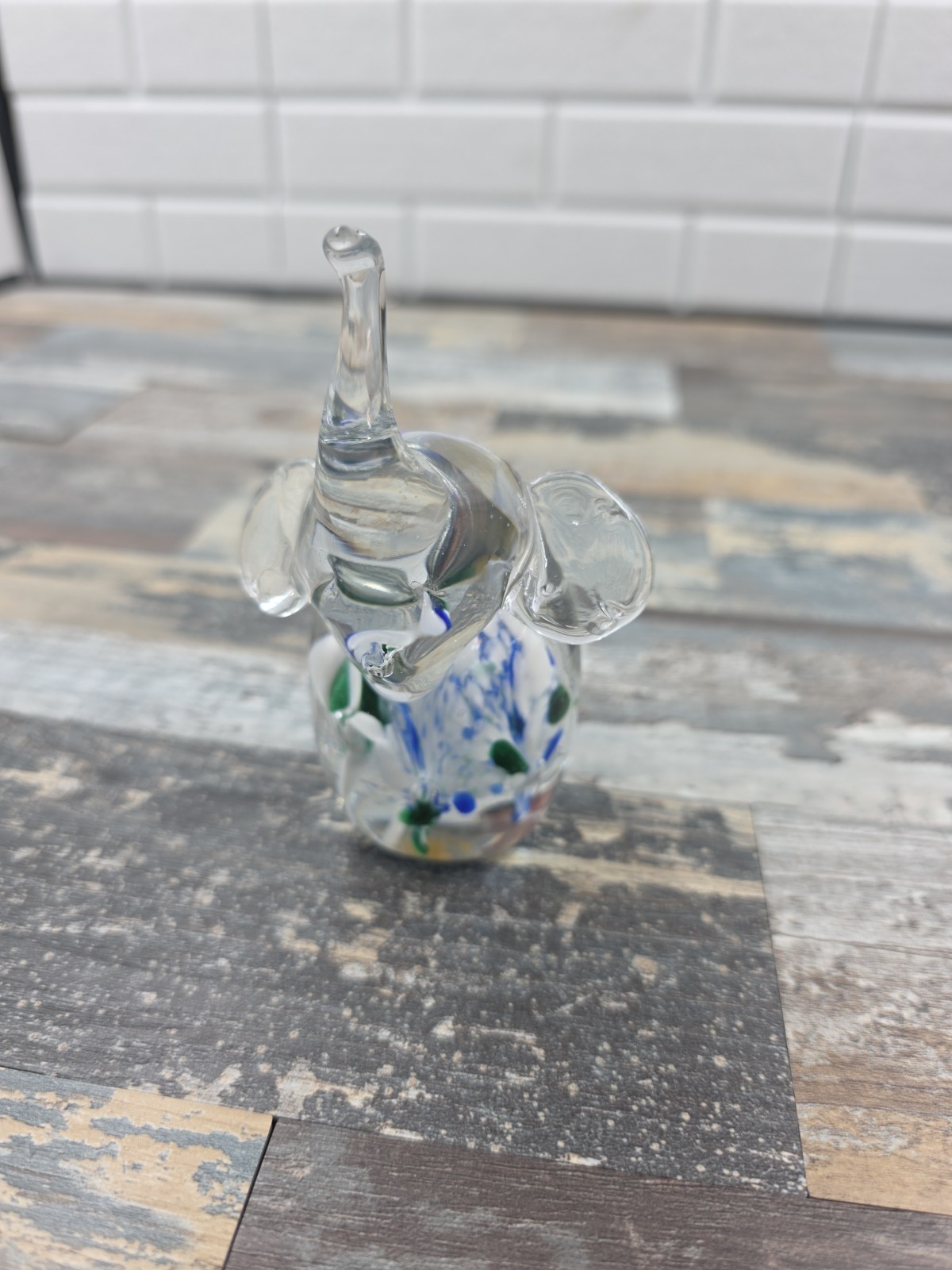 Hand Made Crystal Elephant With Blue Green And White Inside Paper Weight Figurin