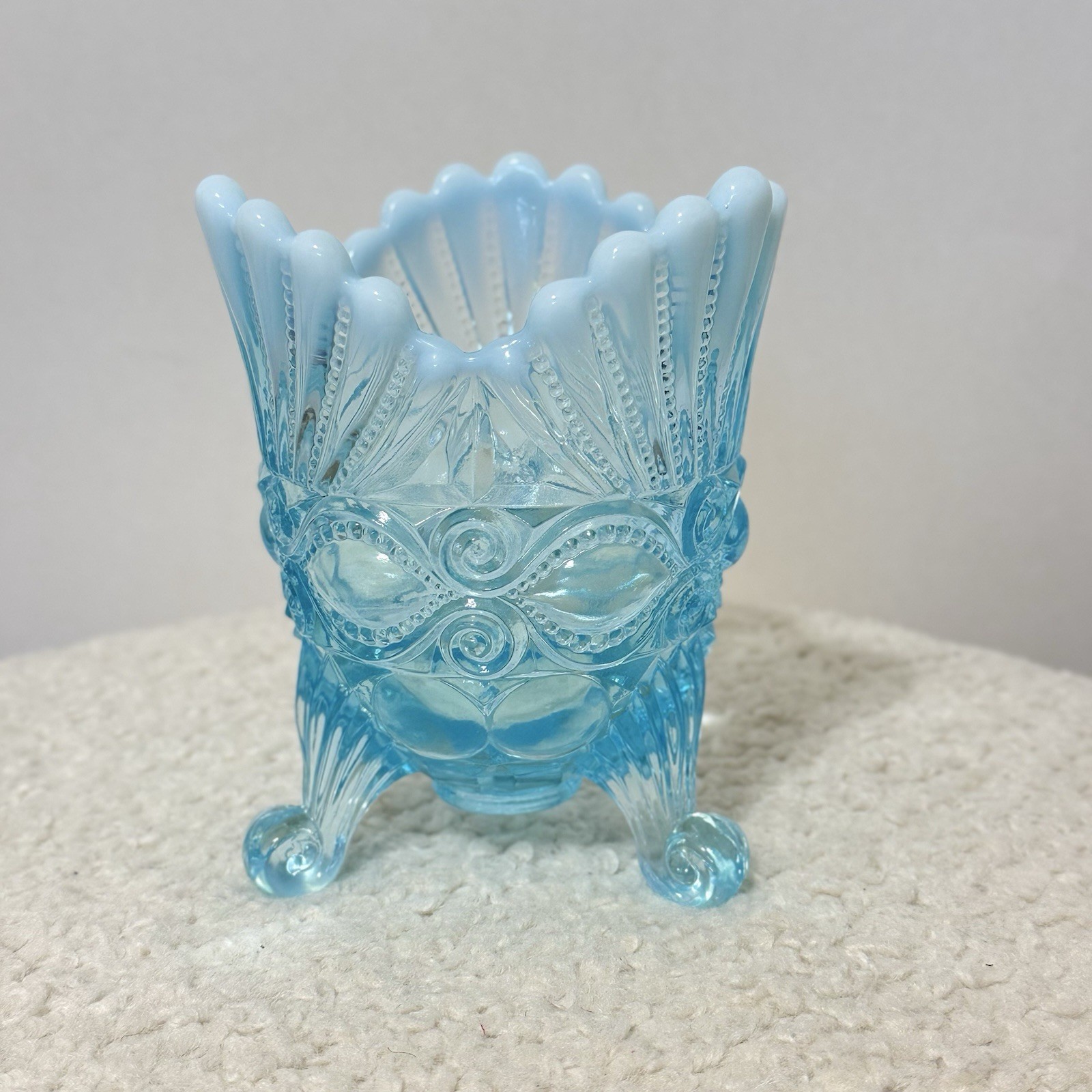Mosser Glass Aqua Blue Opalescent Footed Eye Winker Spooner Vase Candy Dish