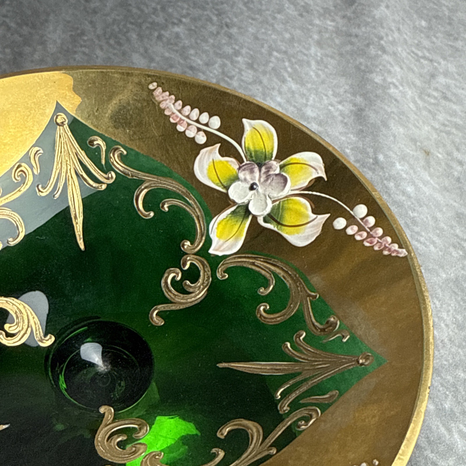 Vintage Bohemian Glass Green Gold Encrusted Applied Flowers Compote 3” x 5”