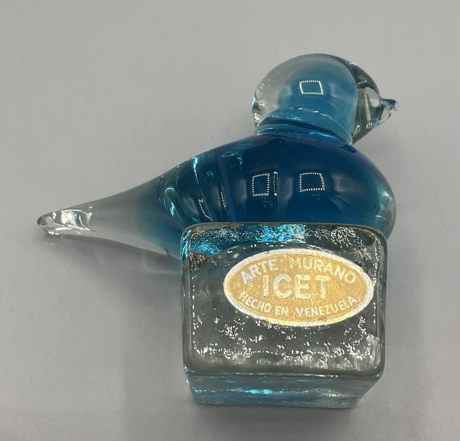 Vtg Blue/Clear Glass Bird on Cube ICET Arte Murano Uranium or Manganese UV Glow