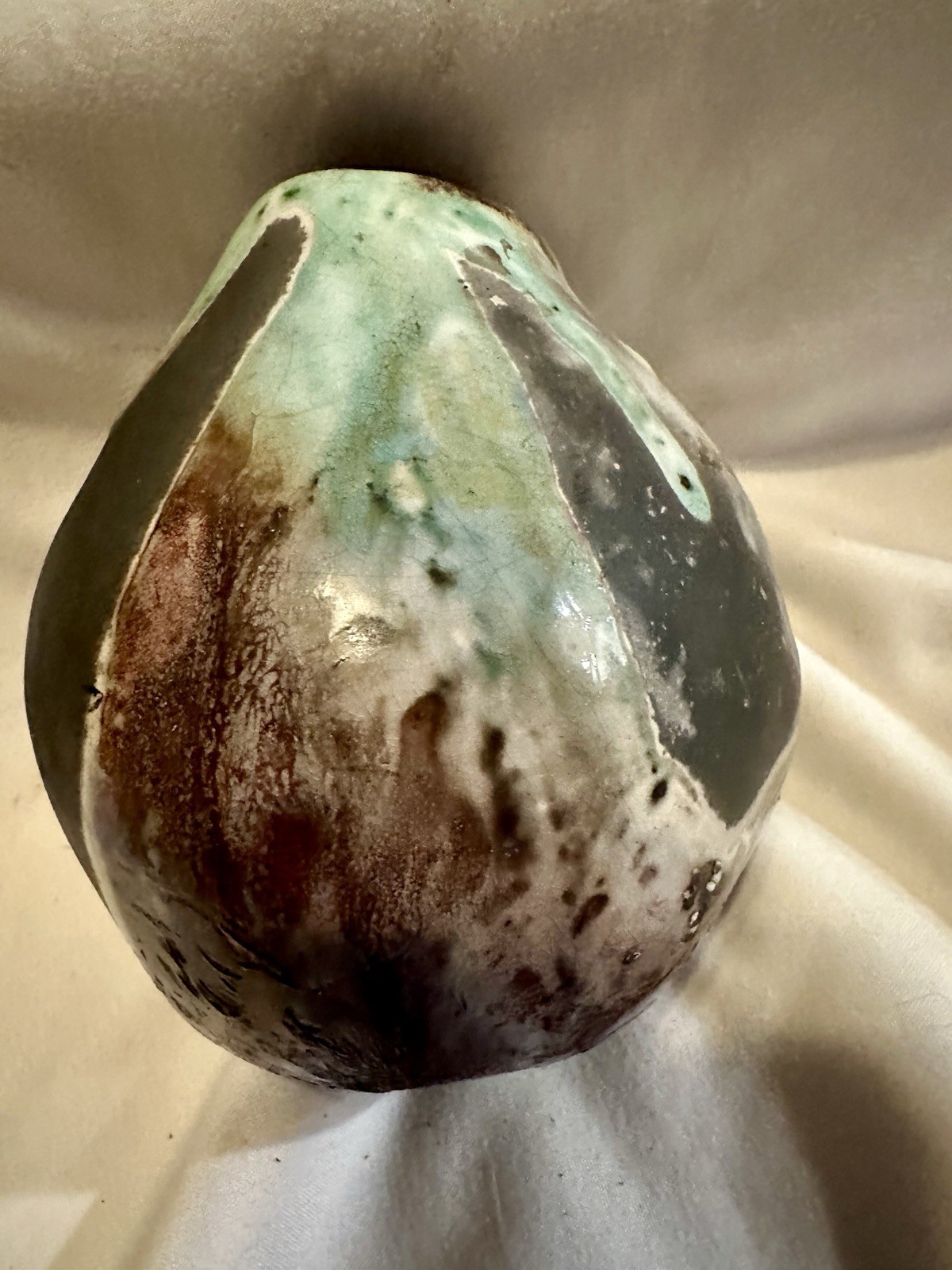 Studio Art Drip Glaze Green Brown Cream On Black Clay Ceramic Primative Etched