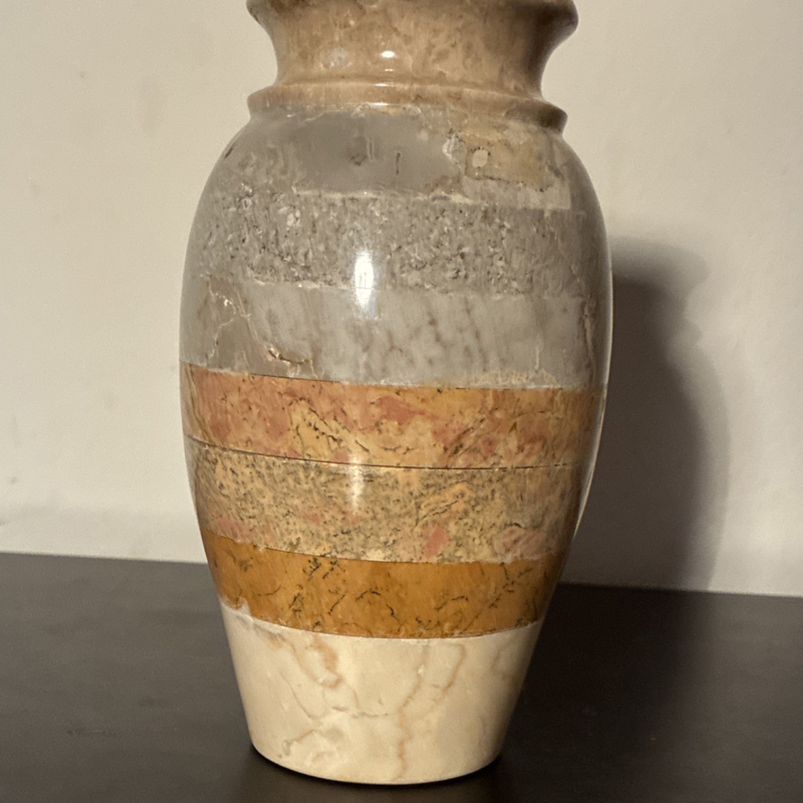 Striped Glossy Marble Stone Vase Beige Gray Brown Cream Heavy Vase