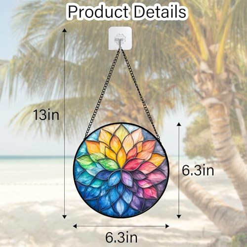 Stained Glass Window Hanging, Colorful Flower Petals Sun 6.3×6.3 IN Green