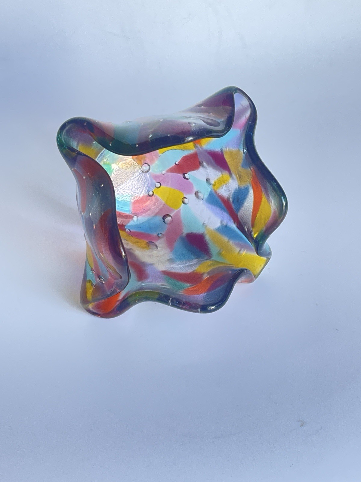 Vintage Art Glass Handkerchief Vase Fused Bubble Multi-colored Candle Votive