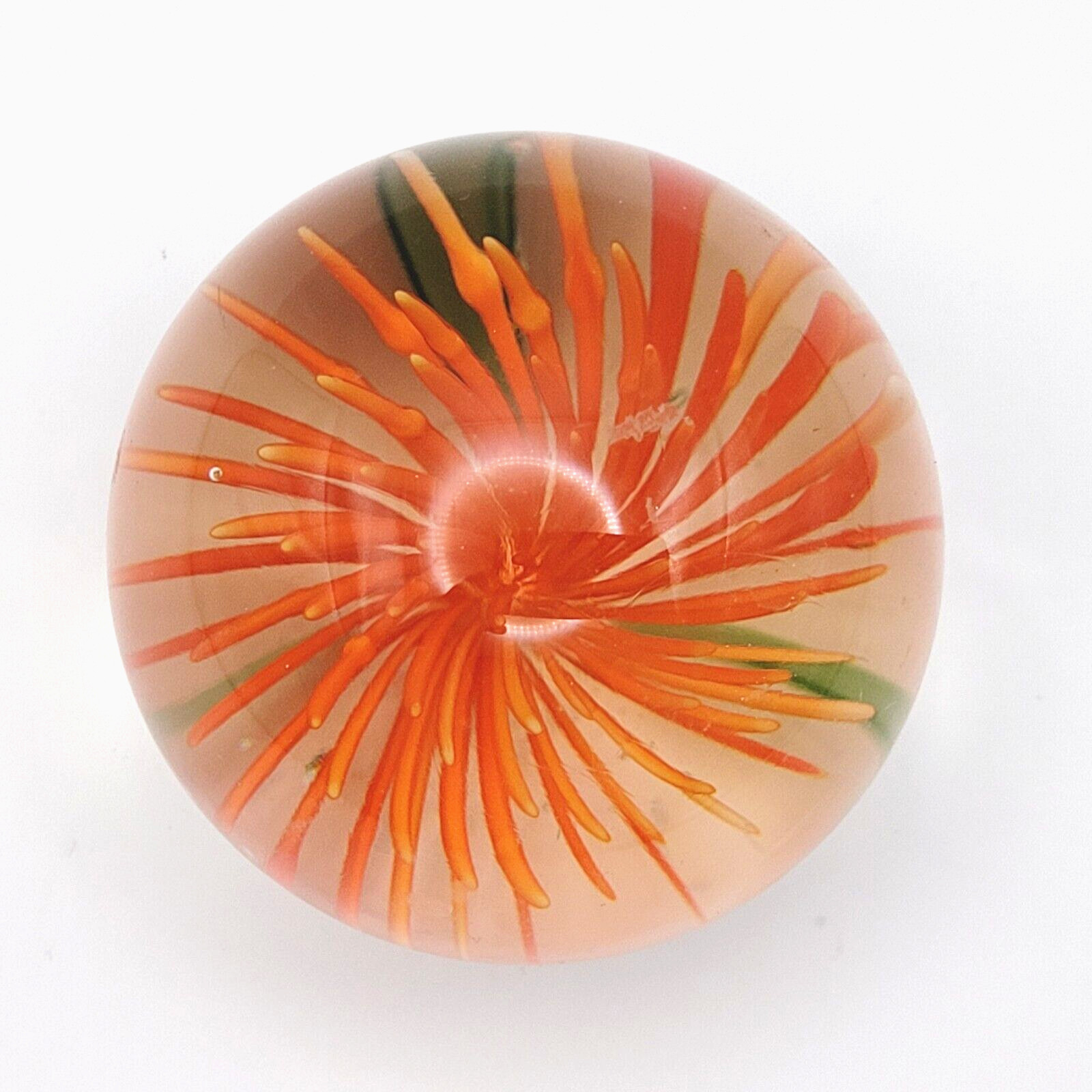 Dahlia or Zinnia Flower Orange Pointed Petal Small Clear Art Glass Paperweight