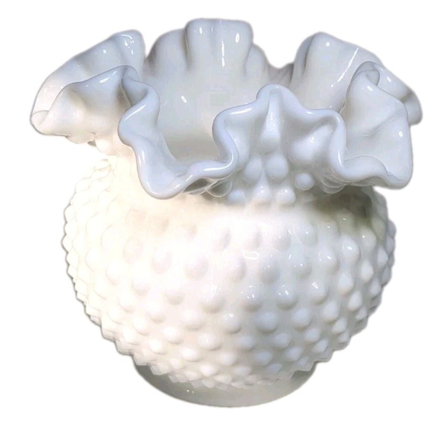 Vintage Large Fenton Milk Glass Hobnail Vase Rose Bowl Ruffled Edge 5.5” Tall