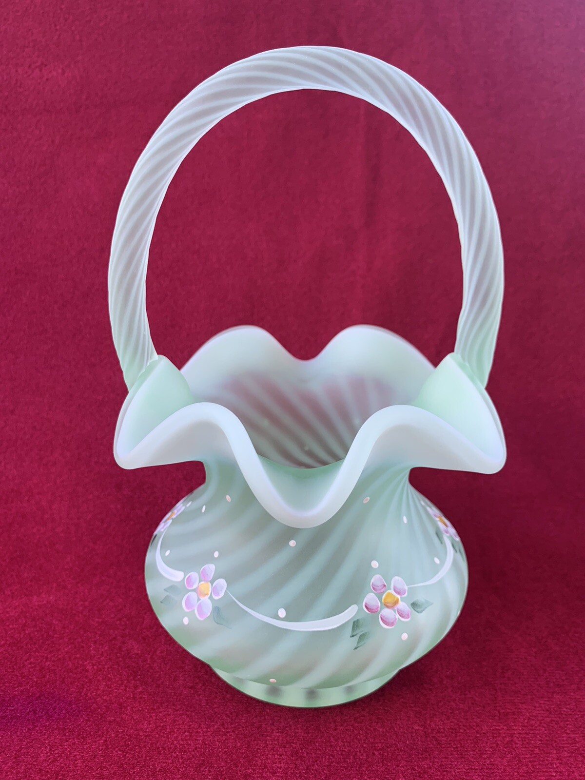 Fenton Opalescent Spiral Optic Satin Green Basket Hand Painted 7 3/4″H Signed