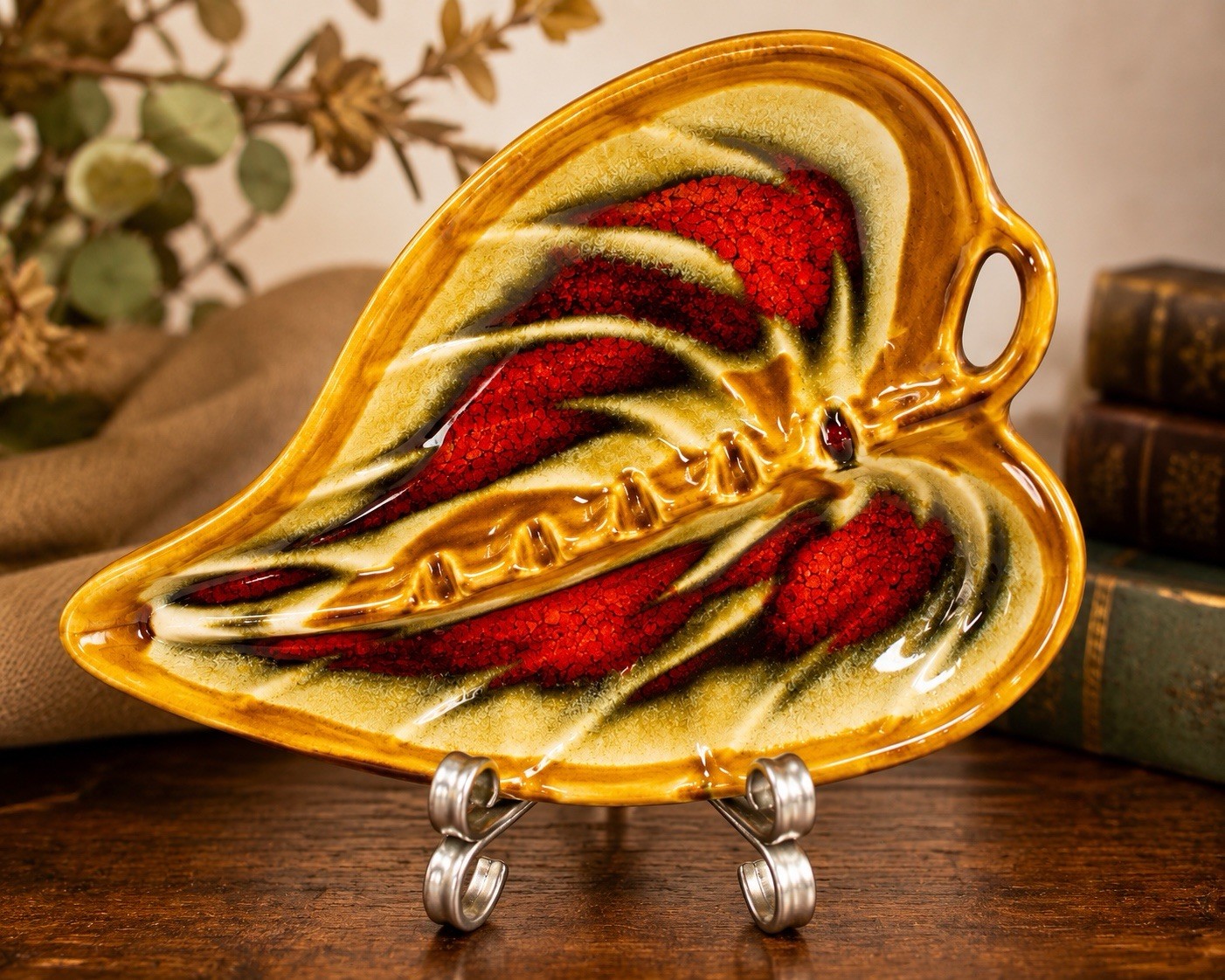 Signed 1974 Maddux Leaf Ashtray Orange Red Drip Glaze Art Pottery MCM Vintage