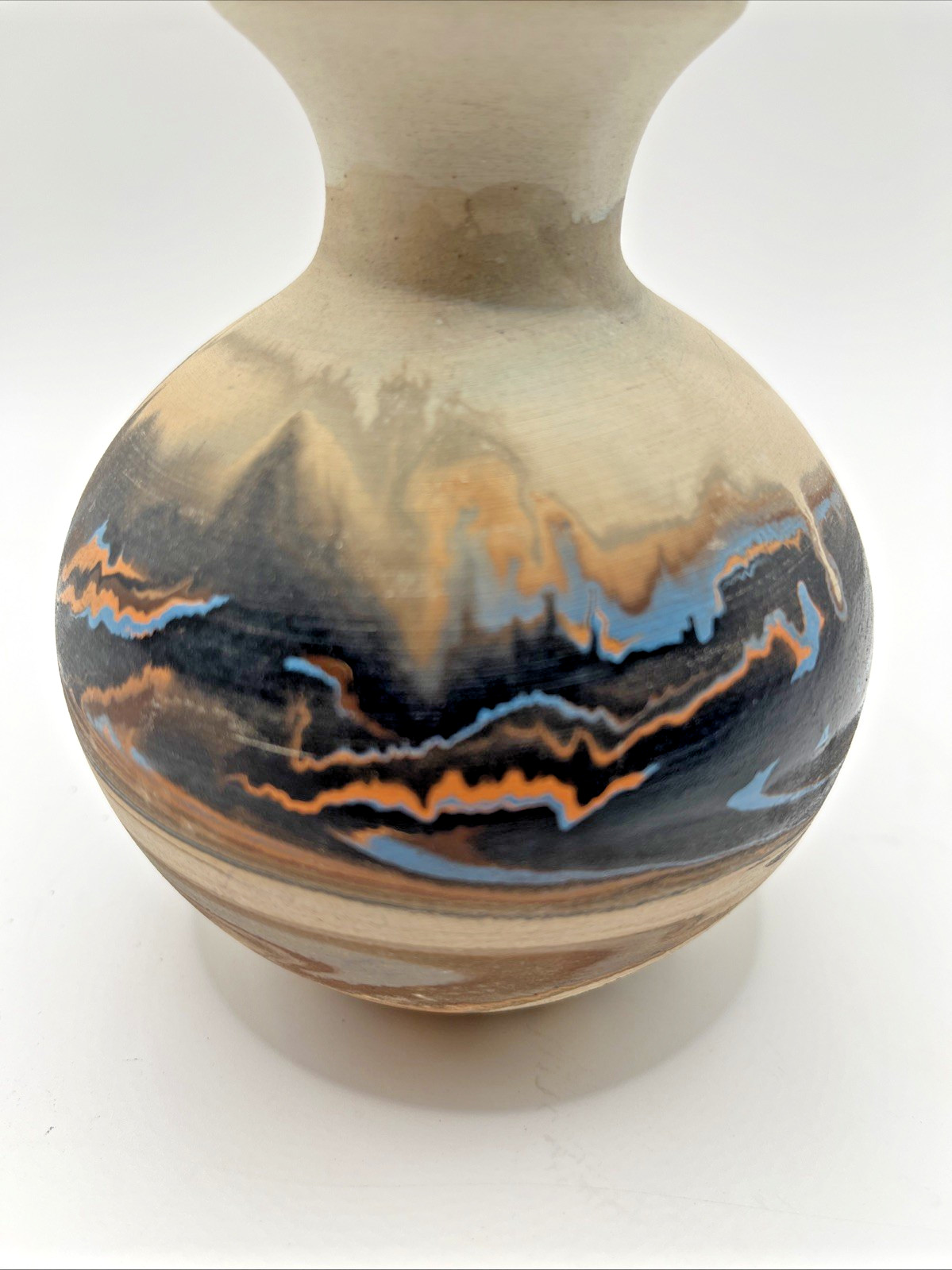 Nemadji Pottery Vase 4.5″ tall Black Blue Coral & Brown Swirl Made in USA