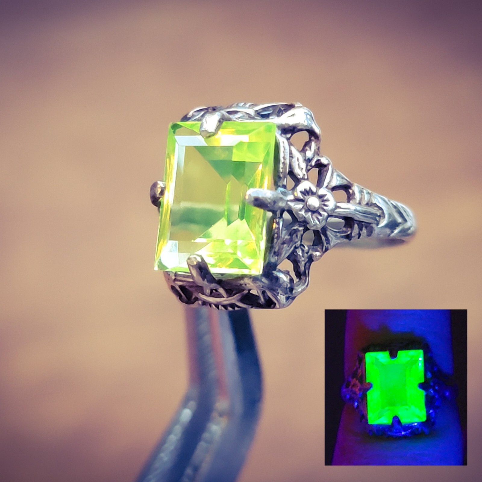 Sterling Vaseline Uranium Glass Ring Floral Art Deco Filigree 925 Silver