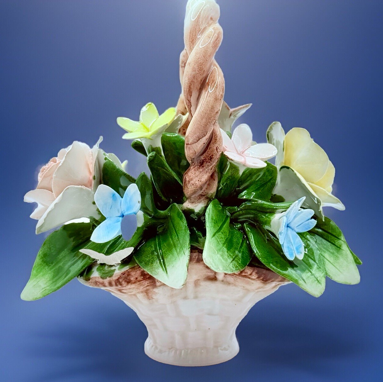 Vintage CAPODIMONTE Flower Basket Italian Porcelain Roses Centerpiece