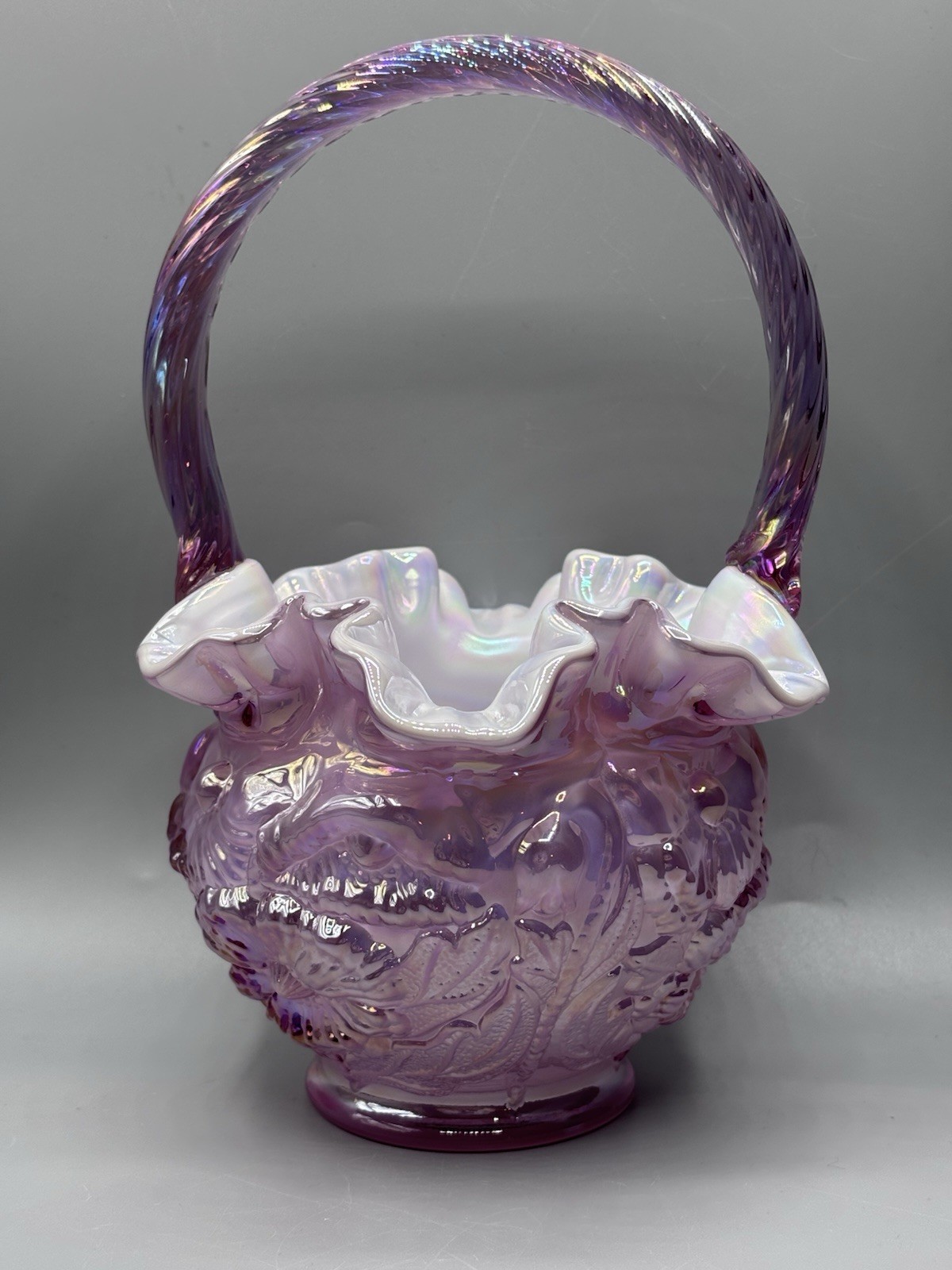 Fenton 1997 Pink Dusty Rose Poppy Overlay Iridescent Glass Basket Excellent Cond