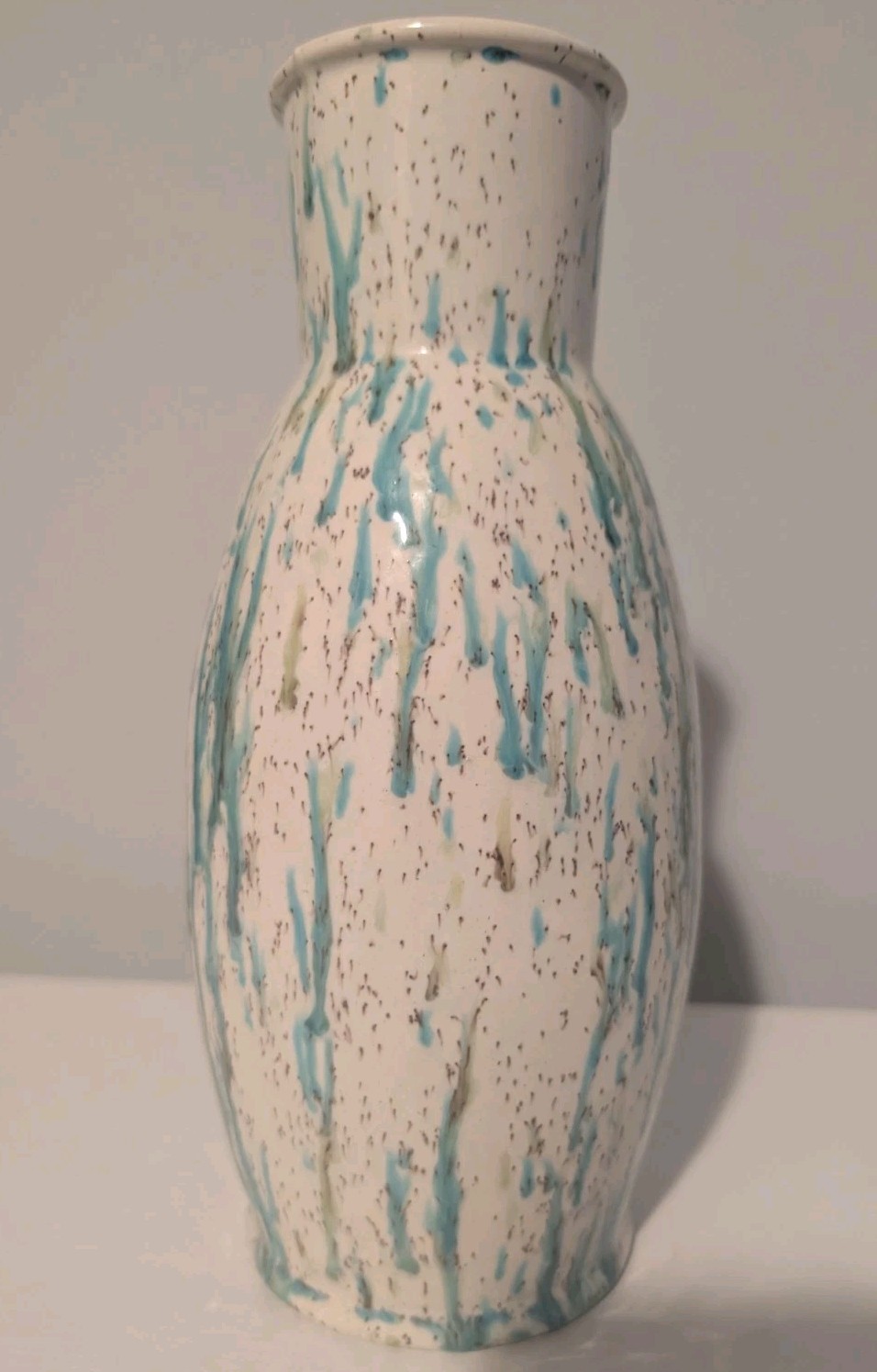 Glossy Handmade Ceramic Vase Cream colored with Brown speckles Blue and Green