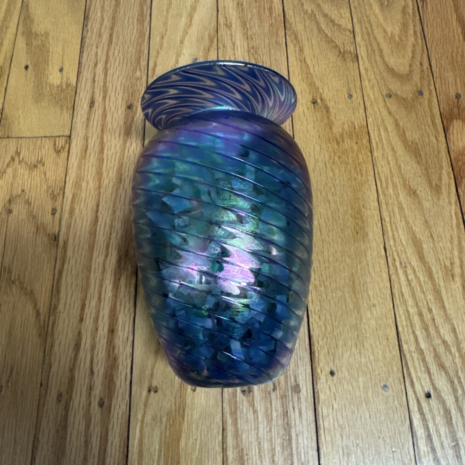 VTG The Glass Eye Studio Pulled Feather Vase 6” MSH 1988 Blue Swirl Peacock Art