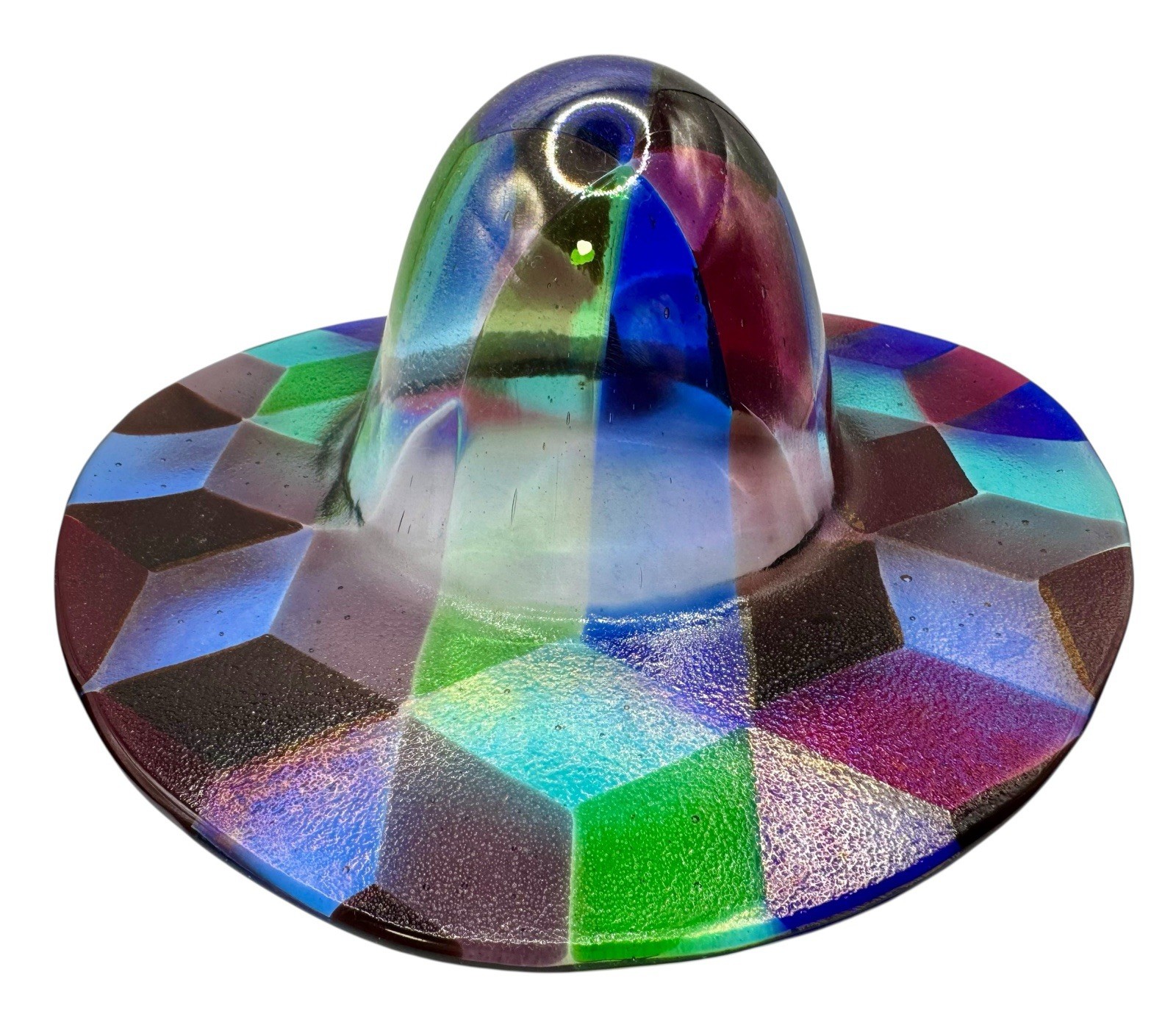 Signed Fused Art Glass Cowboy Wide Brimmed Hat Sculpture Geometric Pink Blue 9”