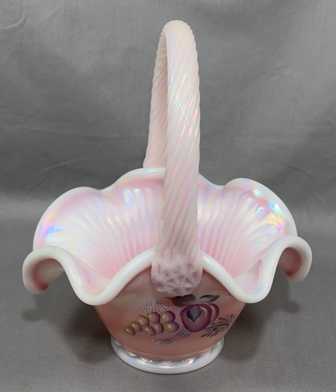 Vtg Lynn & Craig Fenton Glass Basket Rosalene Opalesce Iridescent Pink J Powell
