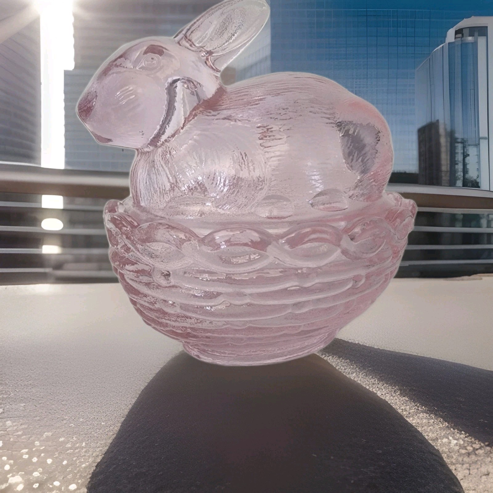 Easter Bunny on Basket Mosser Glass W/ Logo Covered Dish Passion Pink 4″