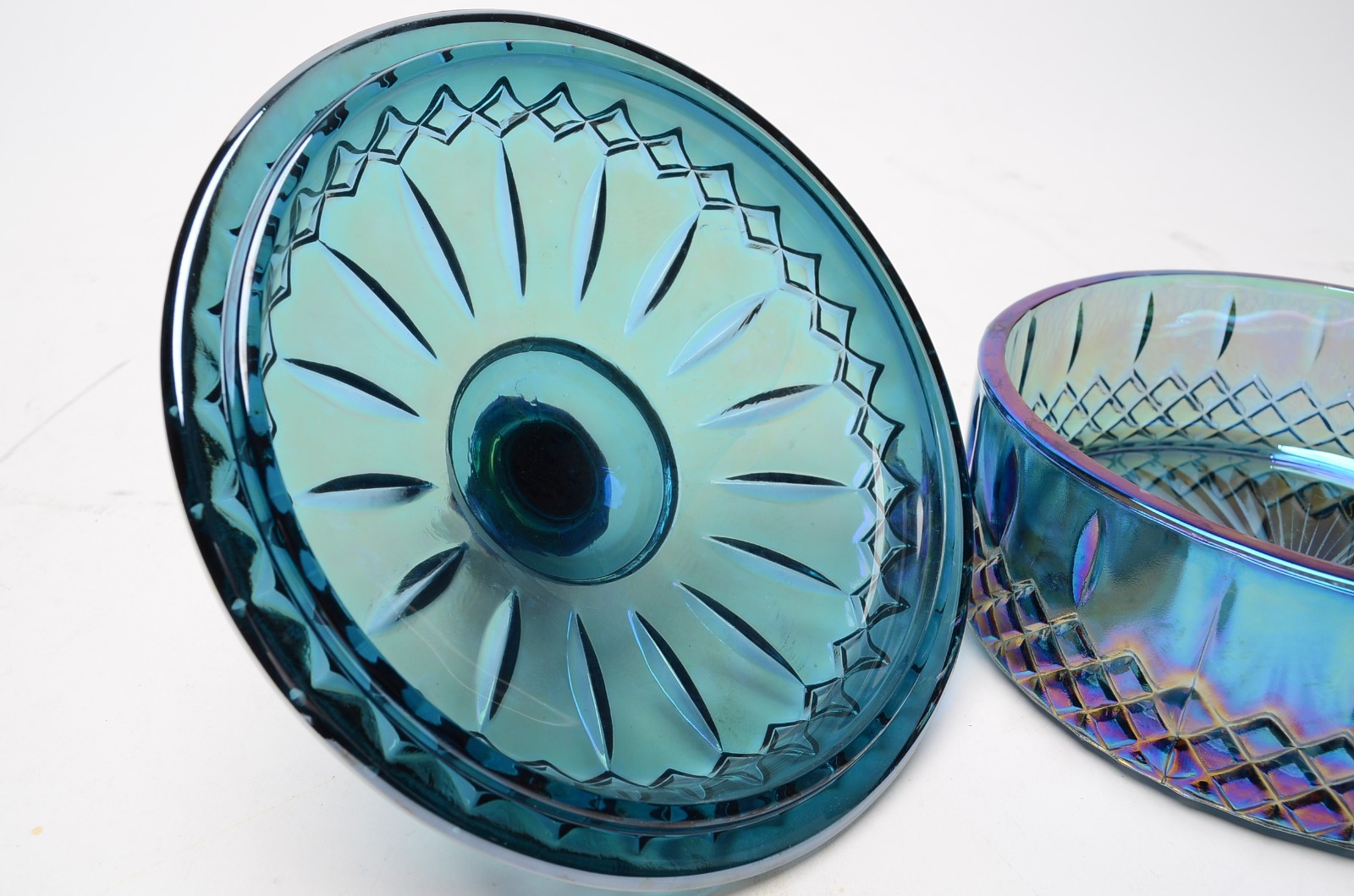 Vintage Indiana Glass Princess Blue Carnival Glass Candy Dish Lid Chips READ