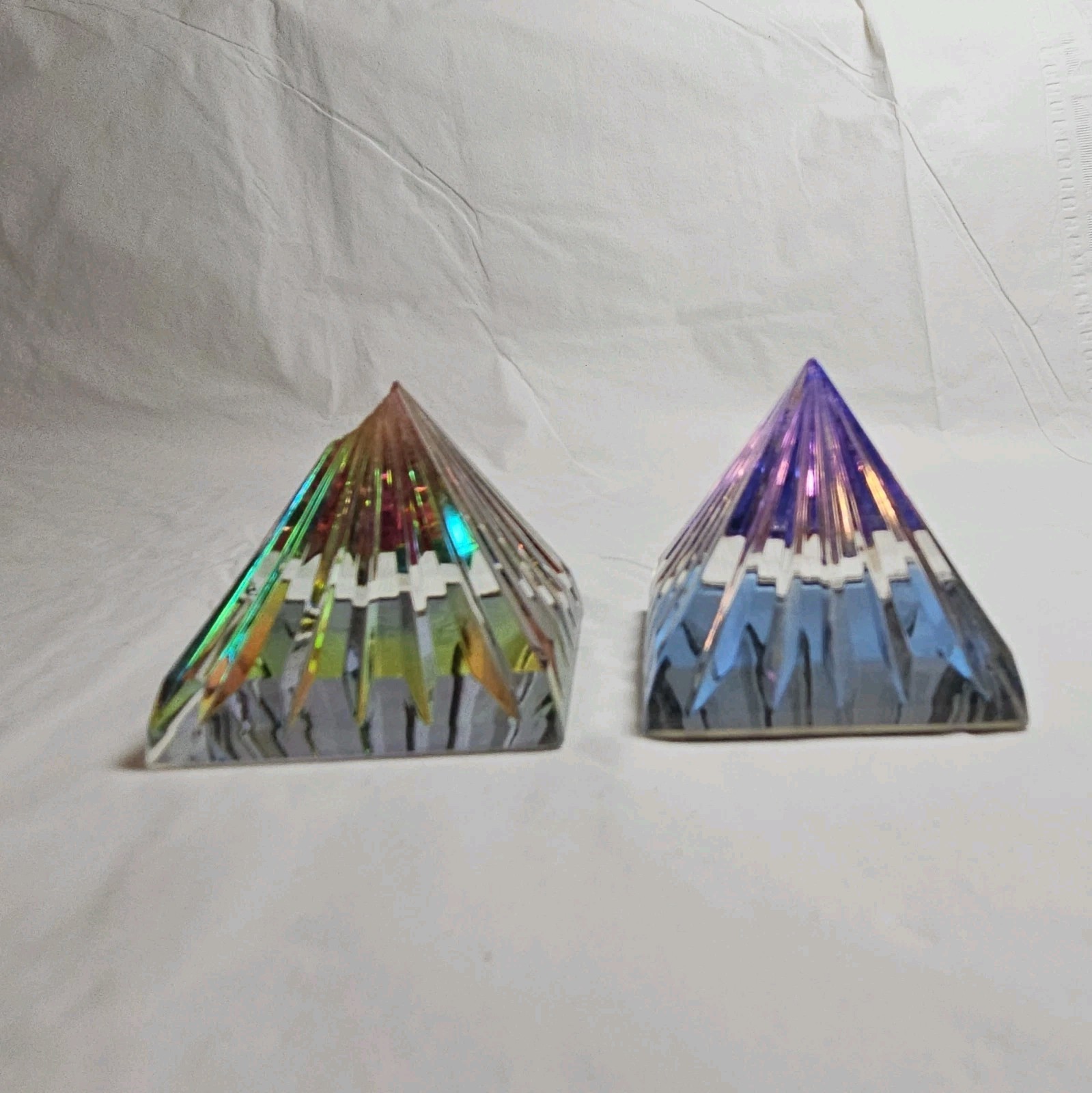 2 Multicolor Iridescent Faceted Glass Pyramid Paperweights, Prism Style